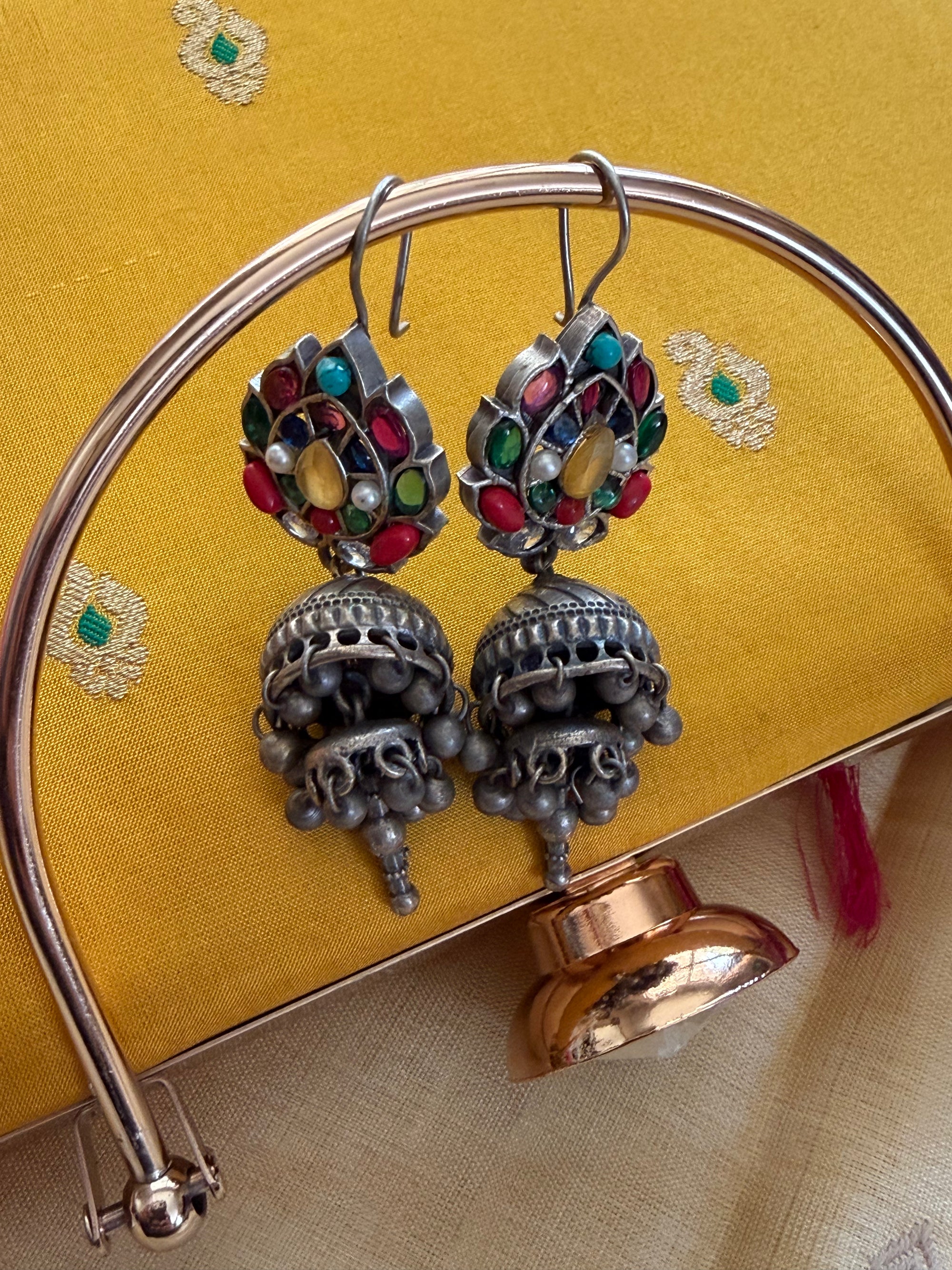 SILVER TONED JEWELRY : Jhumka (multi color stones with silver drops)