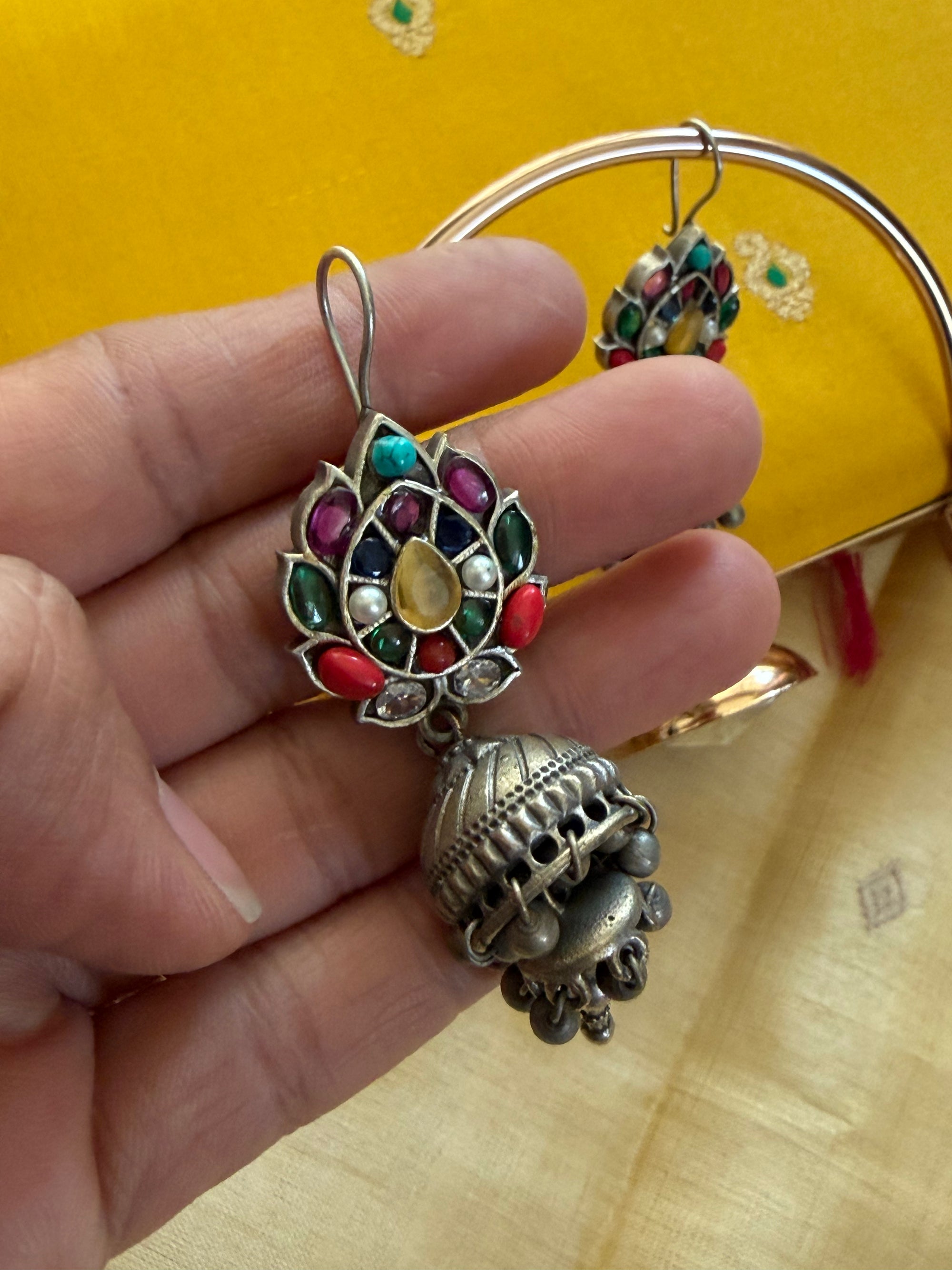 SILVER TONED JEWELRY : Jhumka (multi color stones with silver drops)