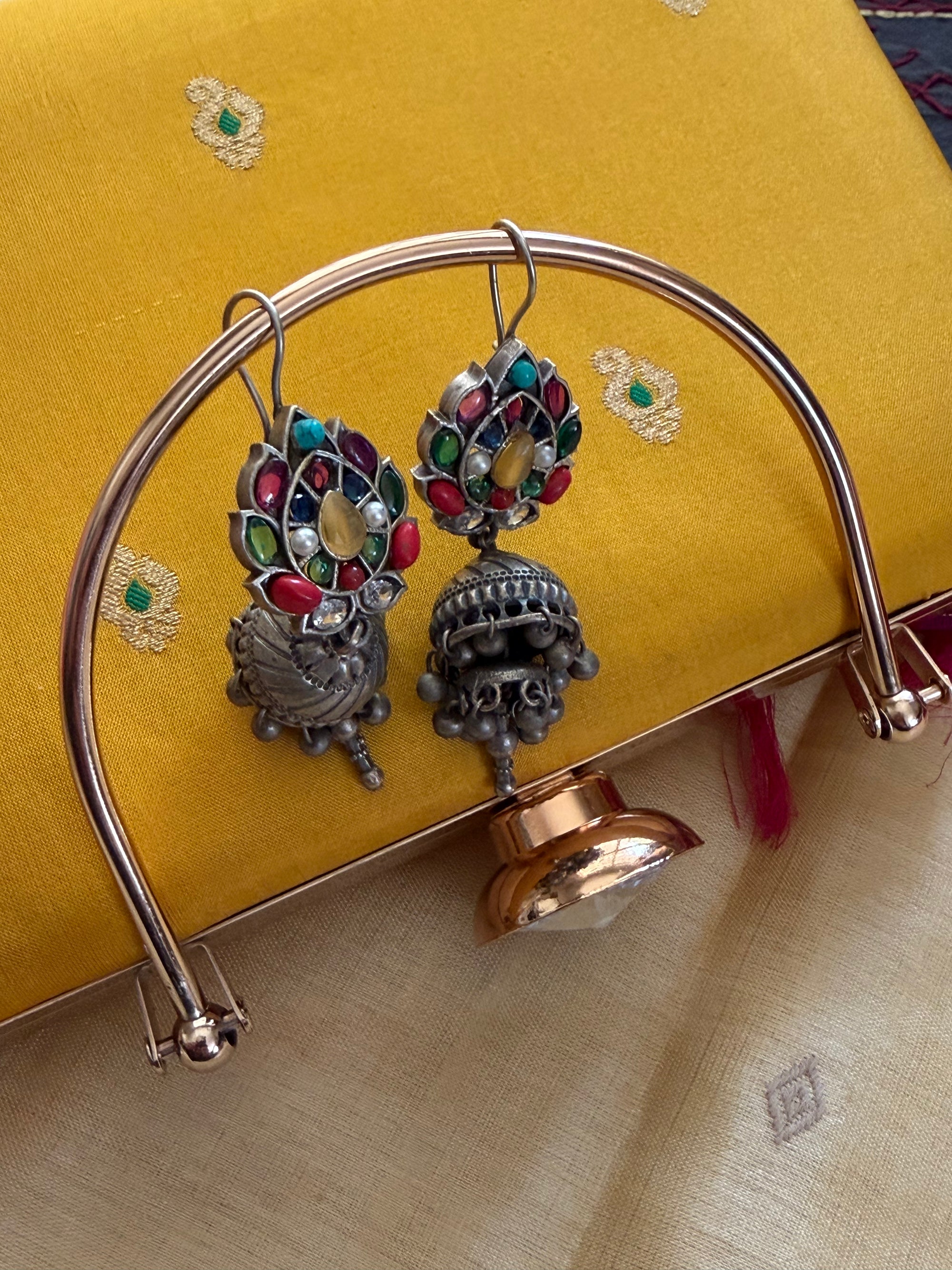 SILVER TONED JEWELRY : Jhumka (multi color stones with silver drops)