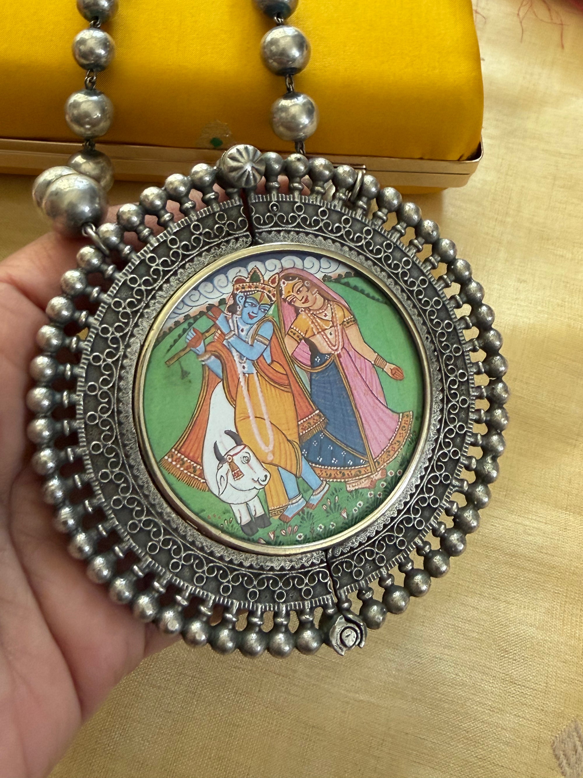 SILVER TONED JEWELRY : Beaded necklace with handpainted Radha Krishna Pendant