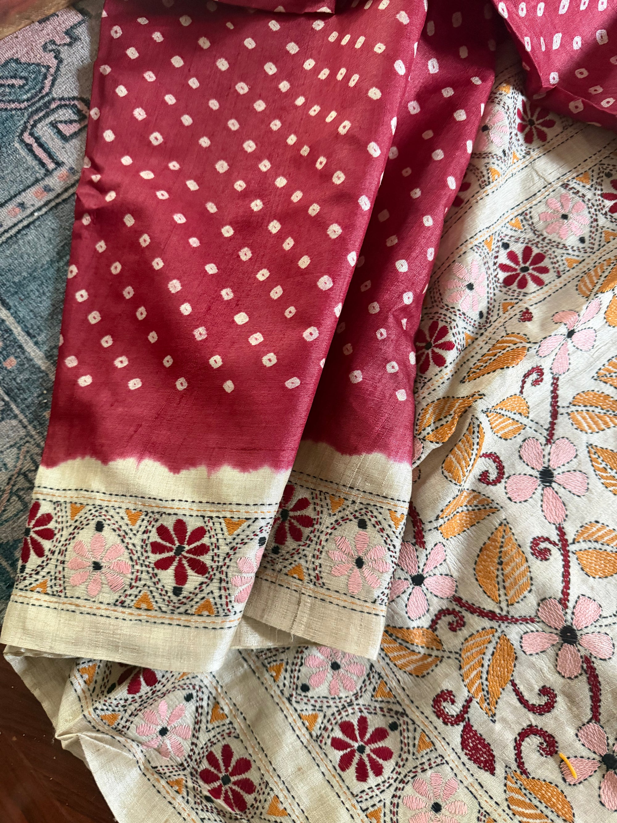 Bandhej + Kantha on Tussar: Rust Brown