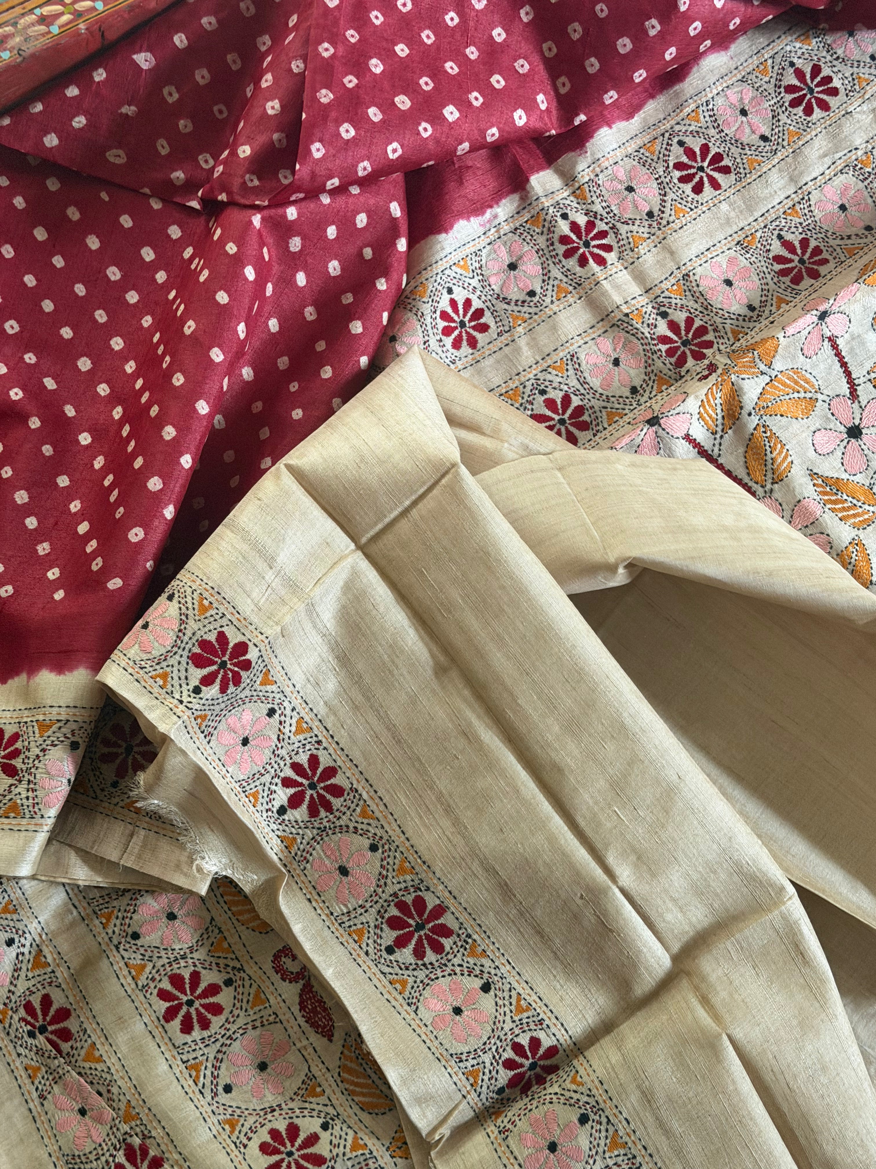 Bandhej + Kantha on Tussar: Rust Brown – Krsaangi