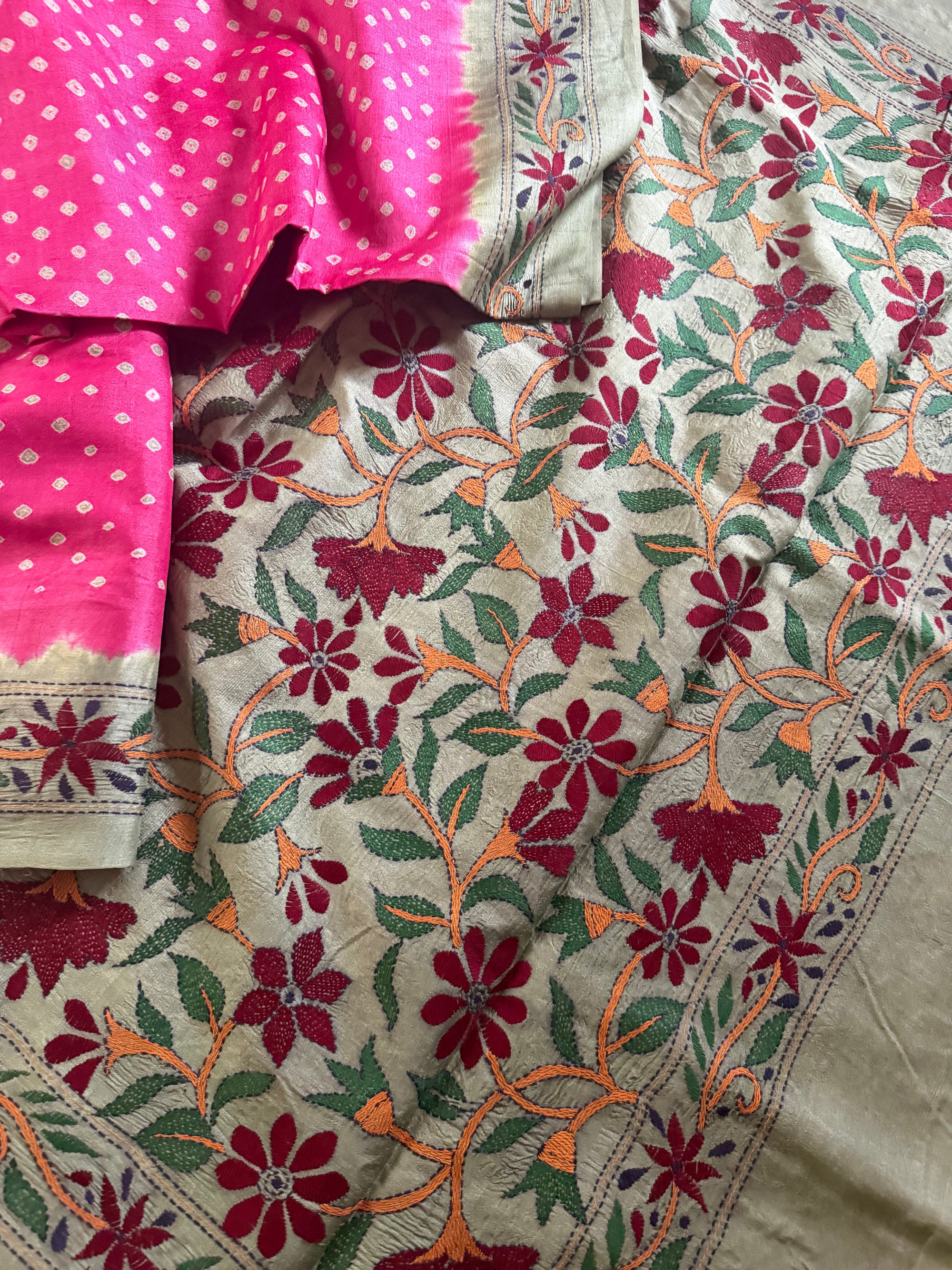 Bandhej + Kantha on Tussar: Pink &amp; Green