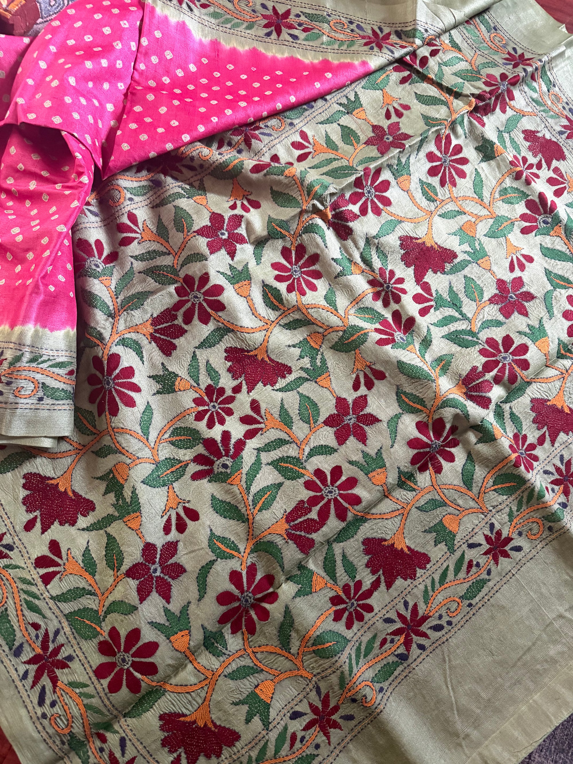 Bandhej + Kantha on Tussar: Pink &amp; Green