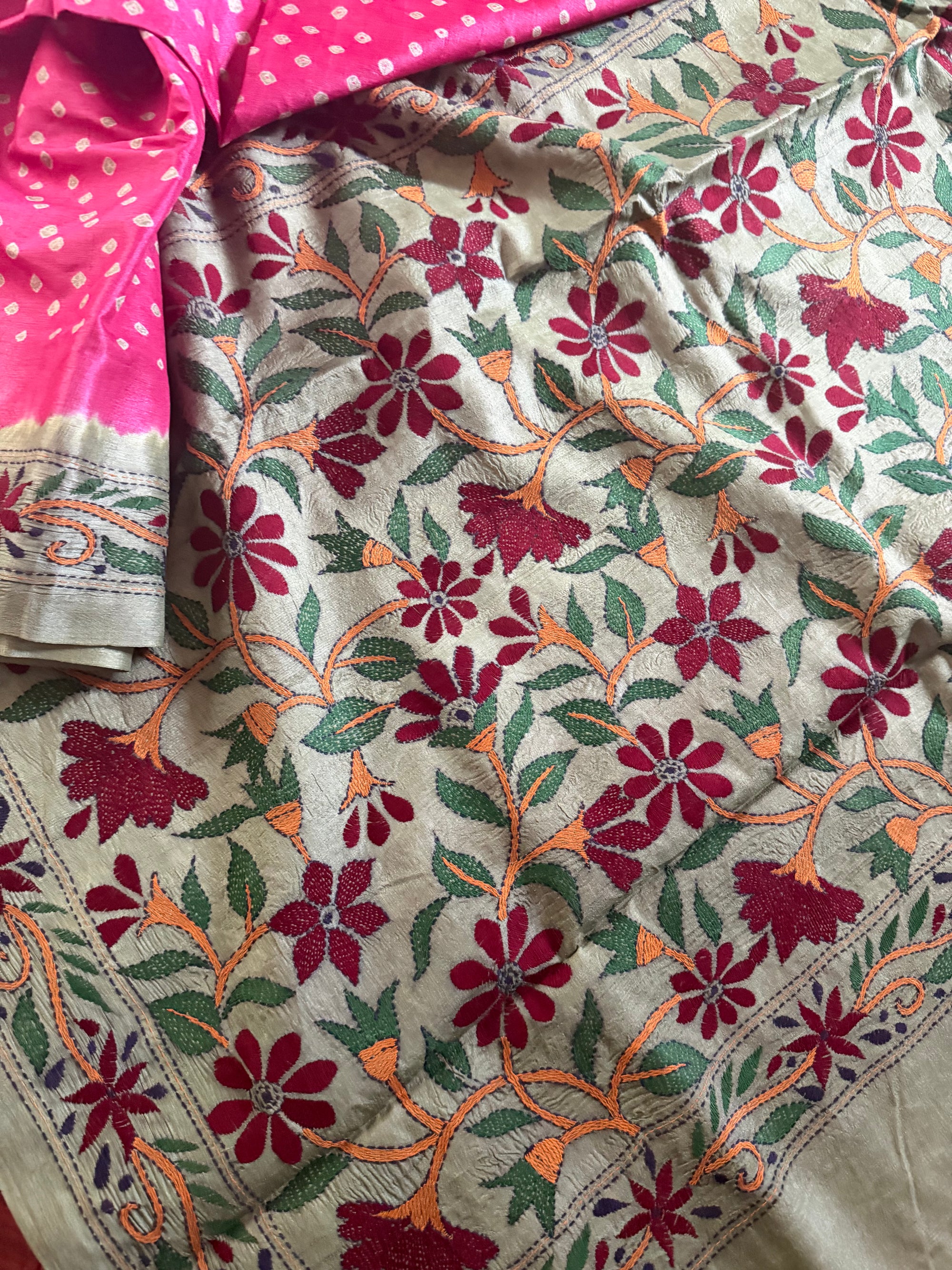 Bandhej + Kantha on Tussar: Pink &amp; Green