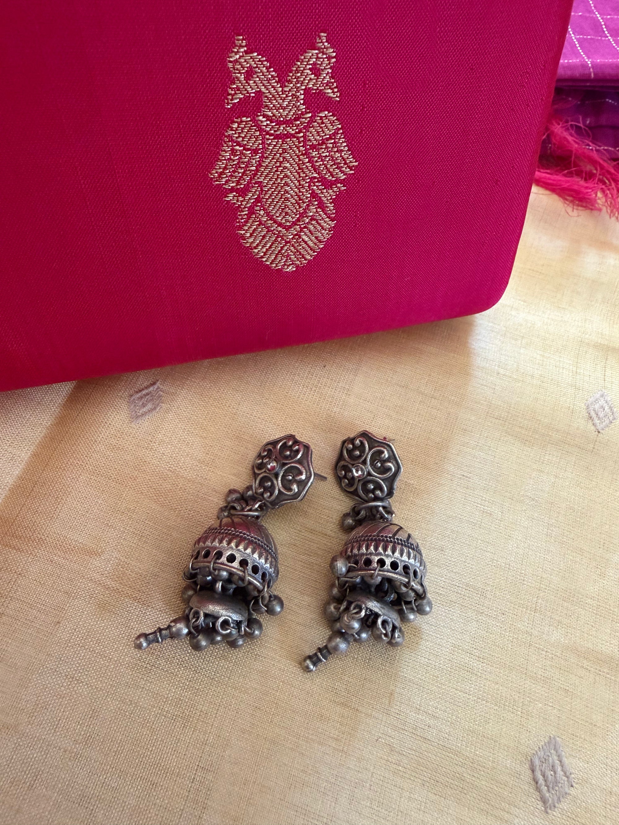 SILVER TONED JEWELRY : Jhumka (white  stones with silver drops)