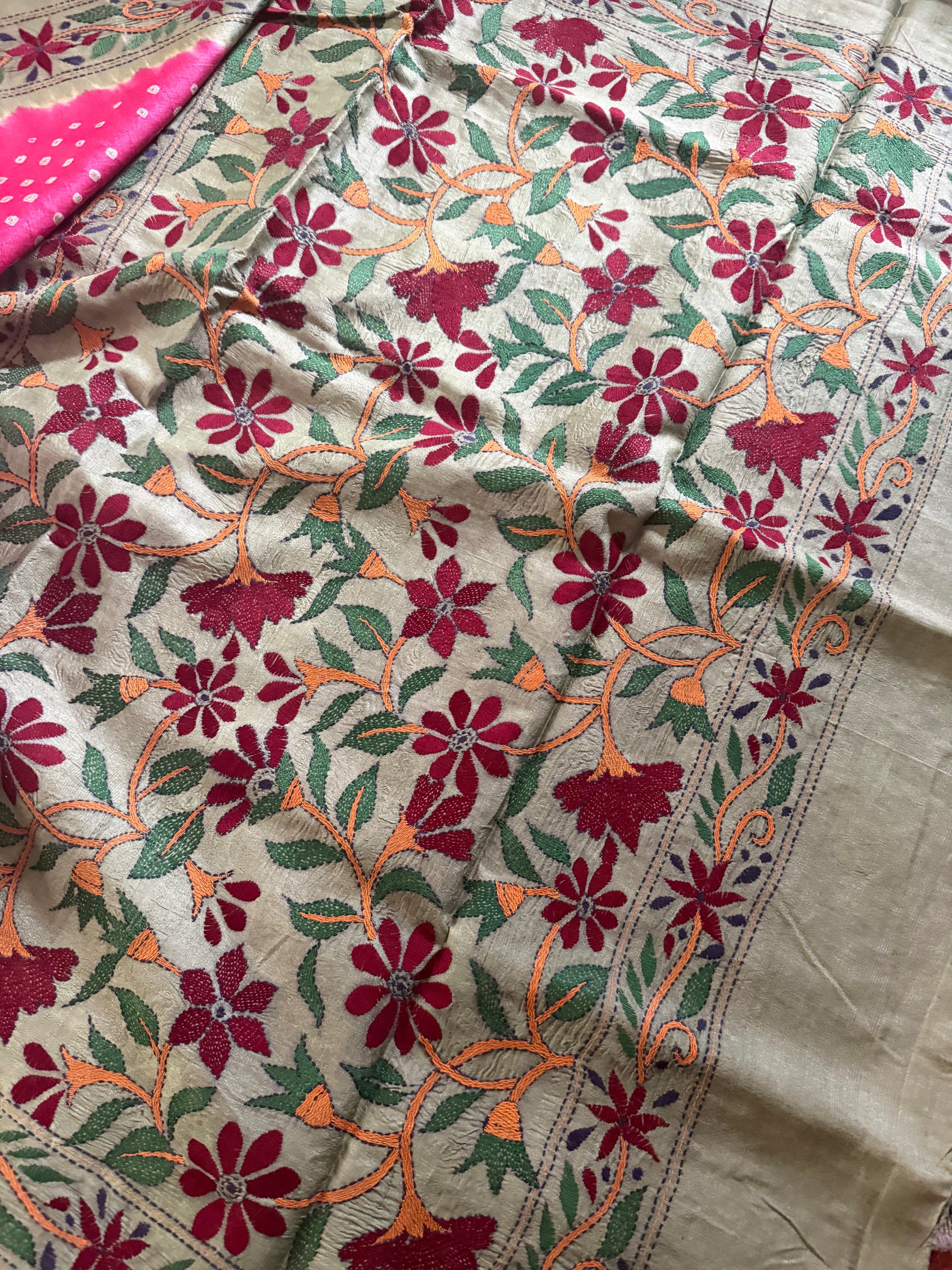 Bandhej + Kantha on Tussar: Pink &amp; Green