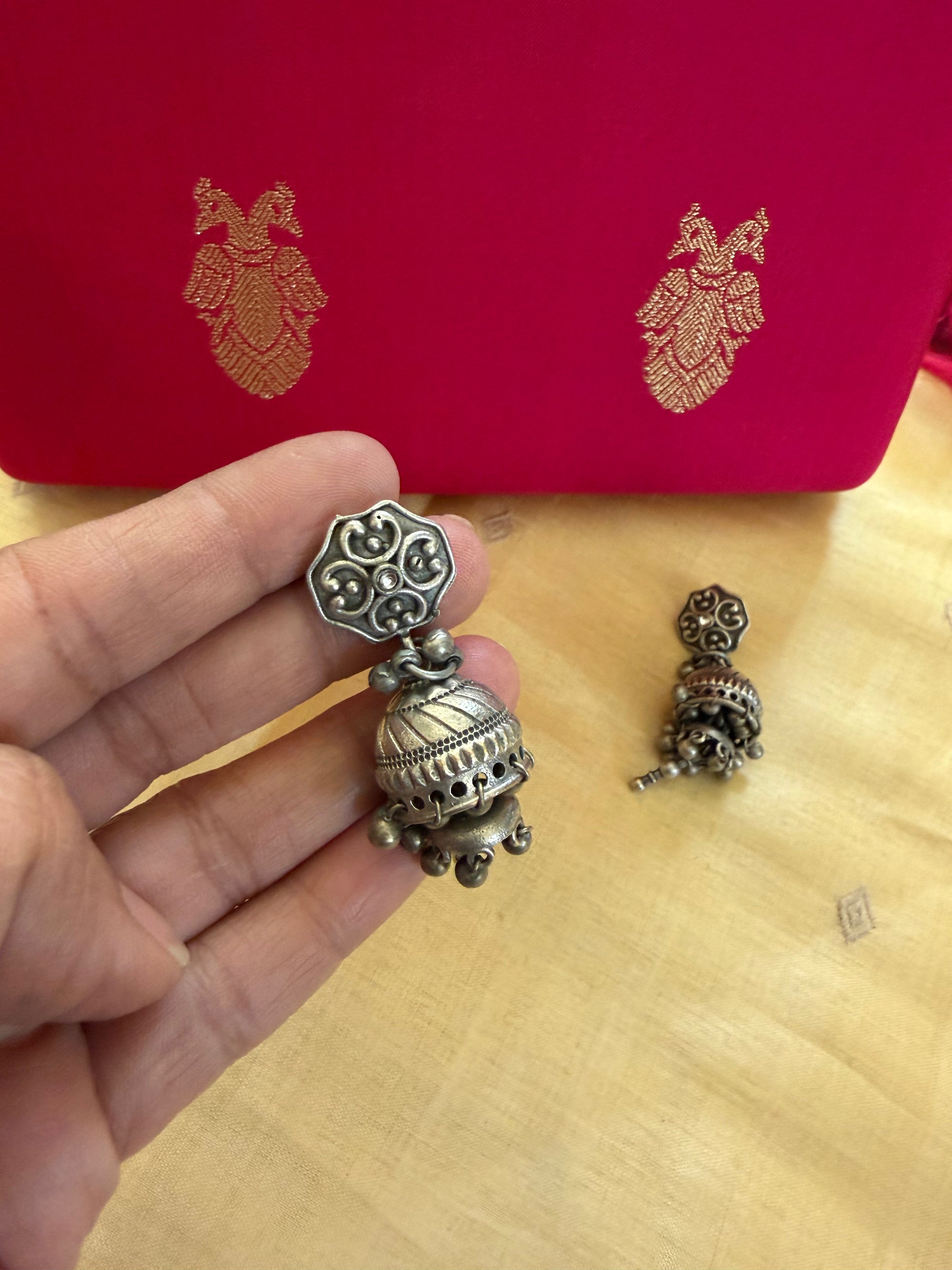 SILVER TONED JEWELRY : Jhumka (white  stones with silver drops)