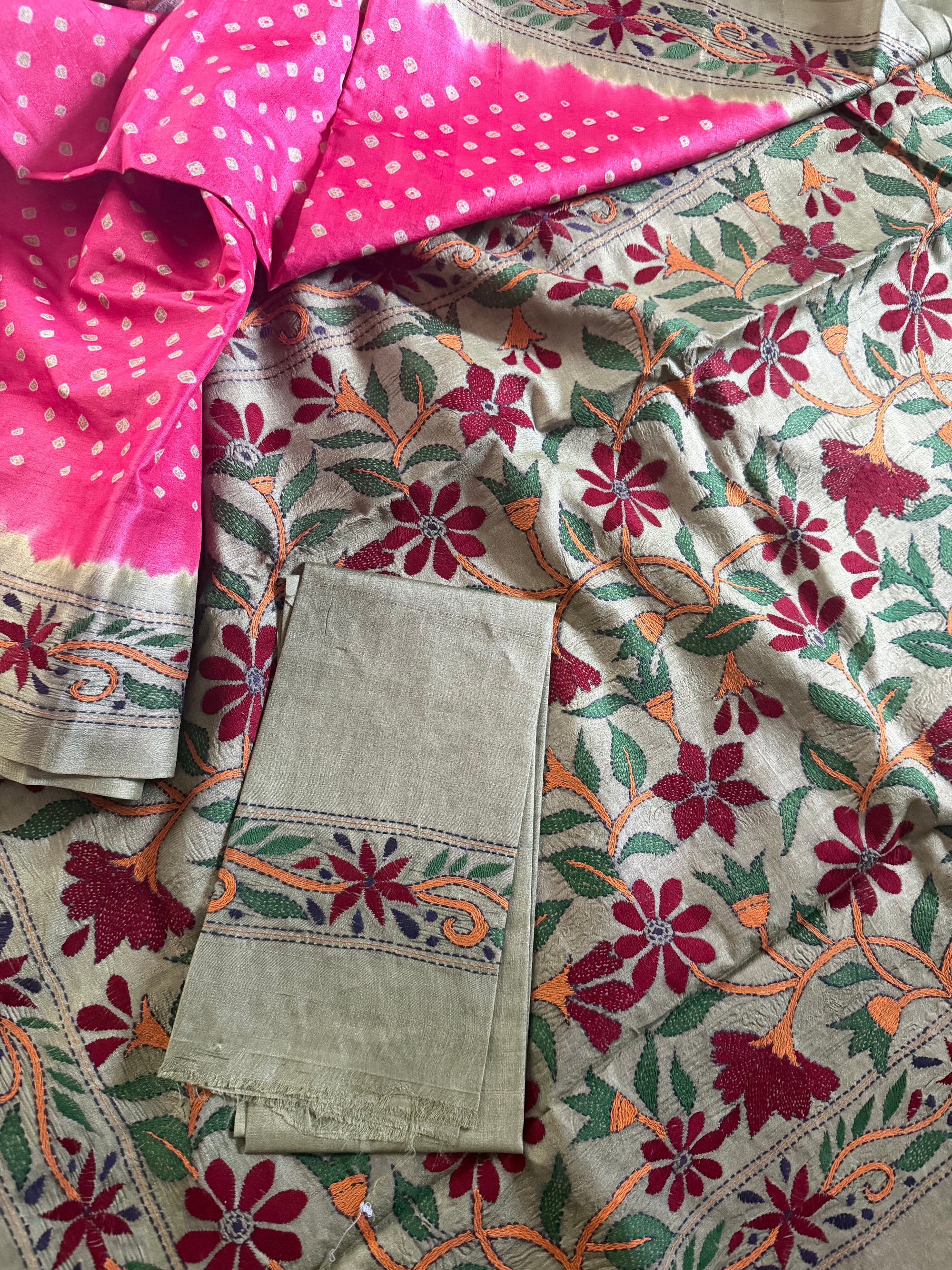 Bandhej + Kantha on Tussar: Pink &amp; Green