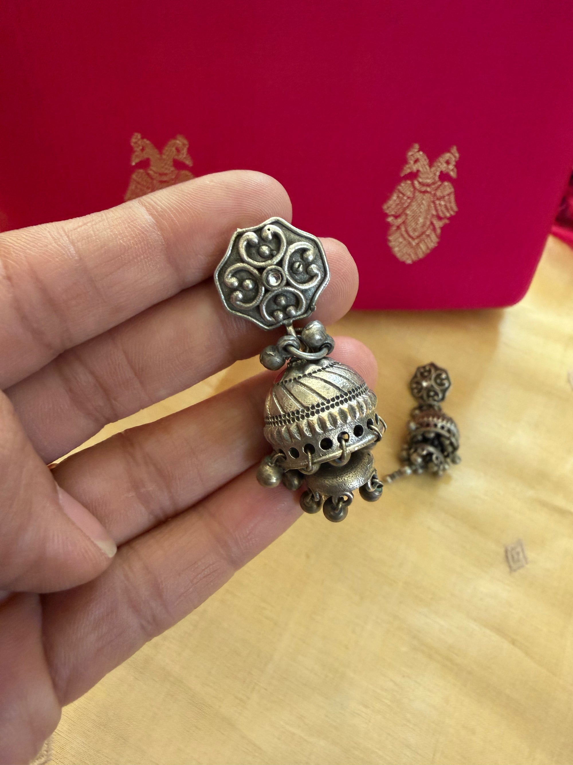 SILVER TONED JEWELRY : Jhumka (white  stones with silver drops)