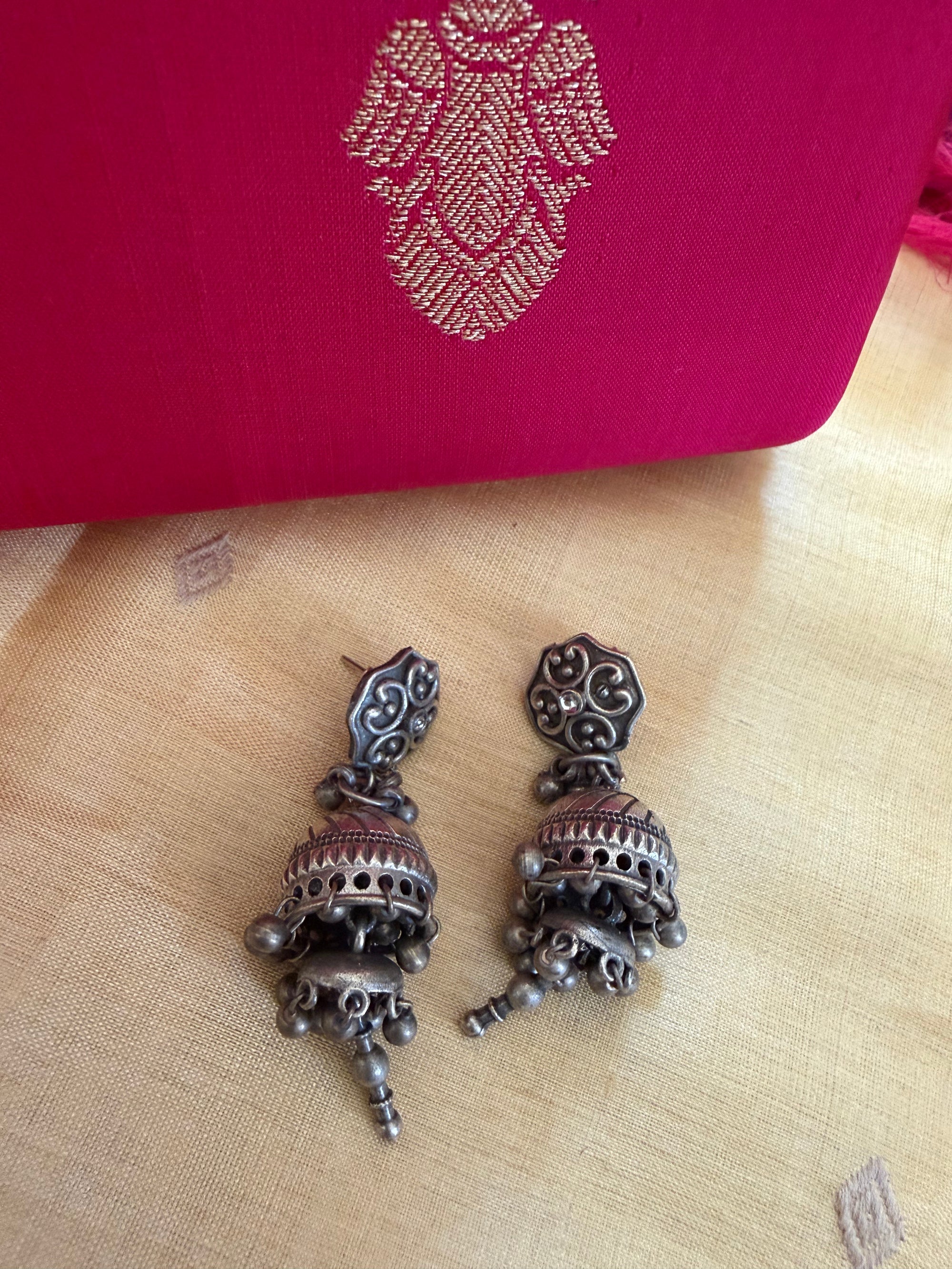 SILVER TONED JEWELRY : Jhumka (white  stones with silver drops)