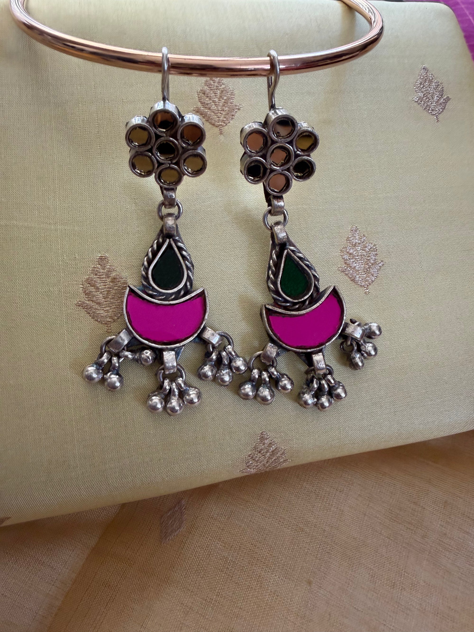 SILVER TONED JEWELRY : Glass Earrings (White, Pink &amp; Green)