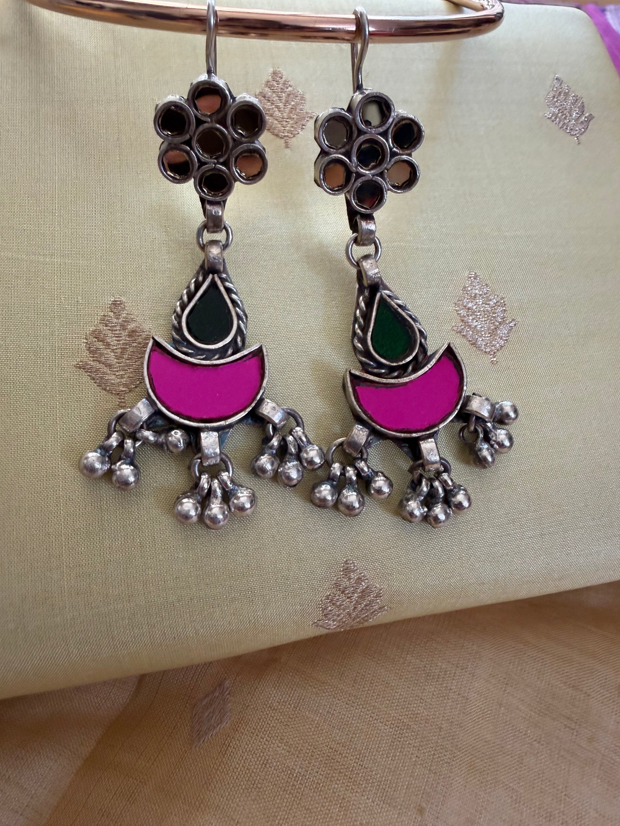 SILVER TONED JEWELRY : Glass Earrings (White, Pink &amp; Green)