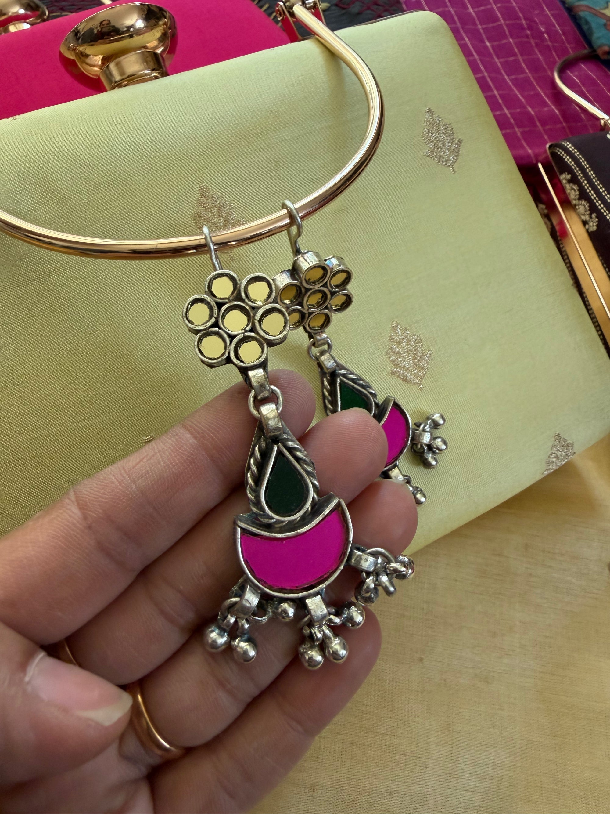 SILVER TONED JEWELRY : Glass Earrings (White, Pink &amp; Green)
