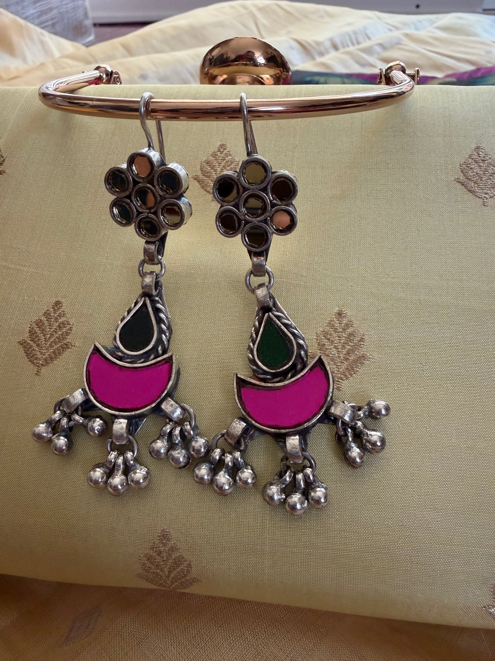 SILVER TONED JEWELRY : Glass Earrings (White, Pink &amp; Green)