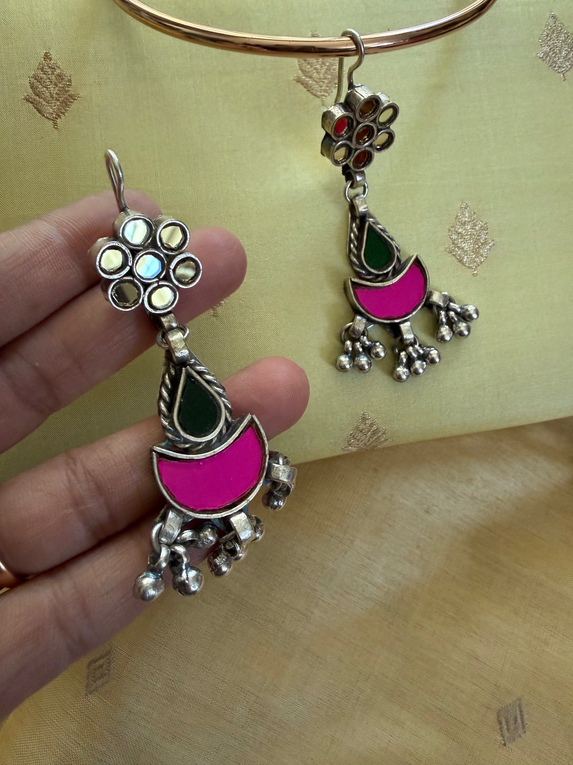 SILVER TONED JEWELRY : Glass Earrings (White, Pink &amp; Green)