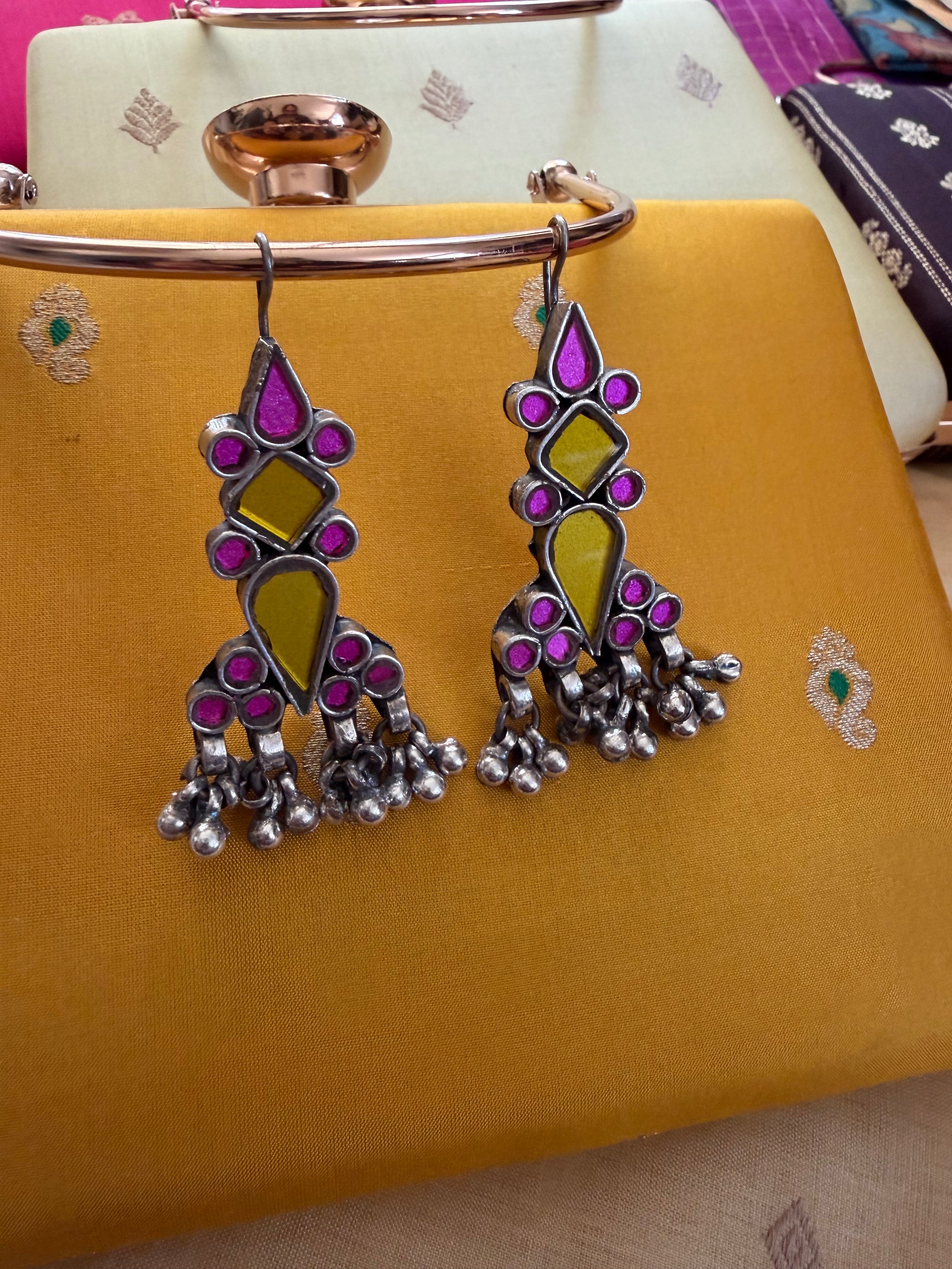 SILVER TONED JEWELRY : Glass Earrings (Yellow &amp; Pink)