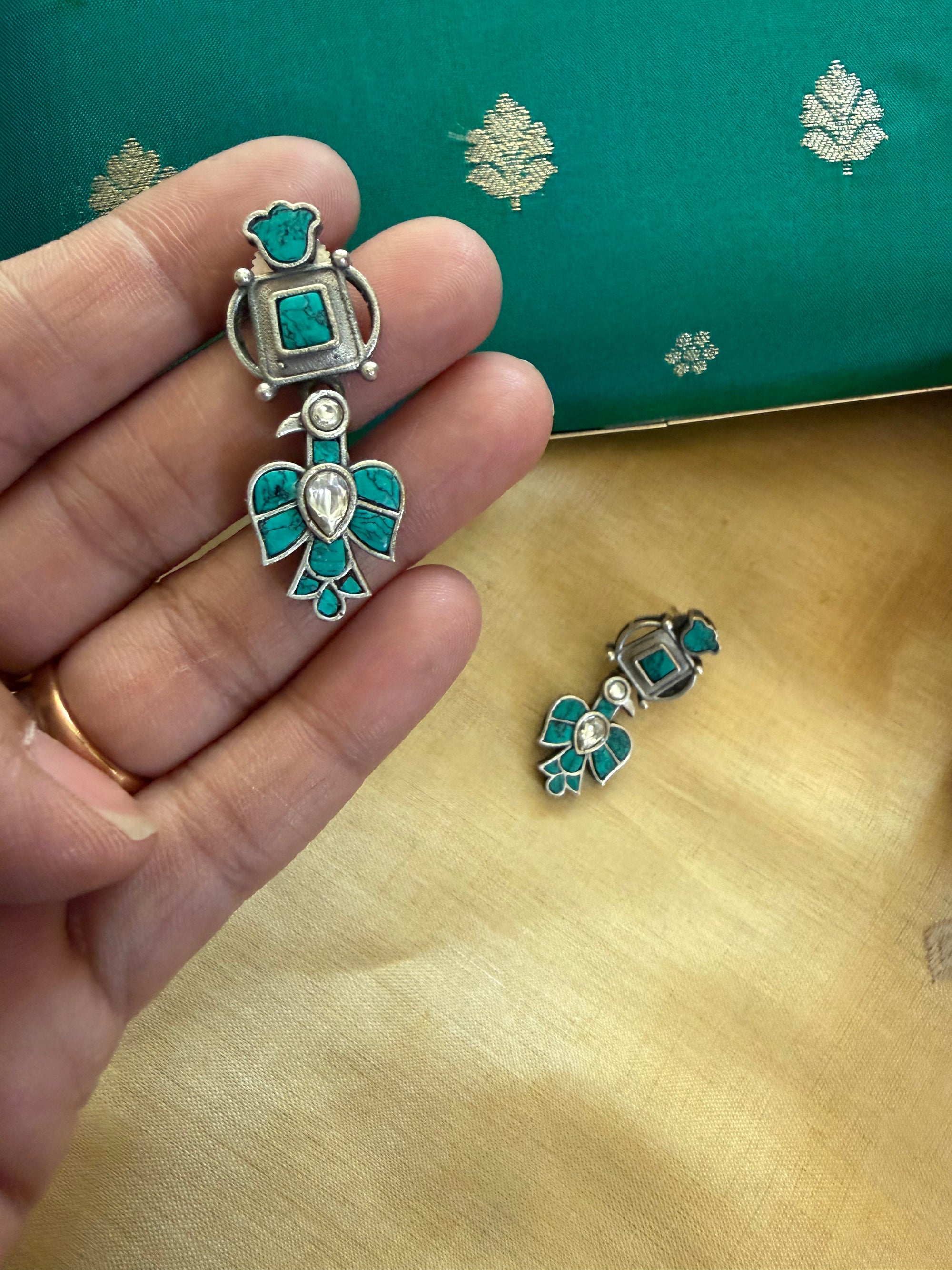 SILVER TONED JEWELRY : Kundan Earrings with bird drops
