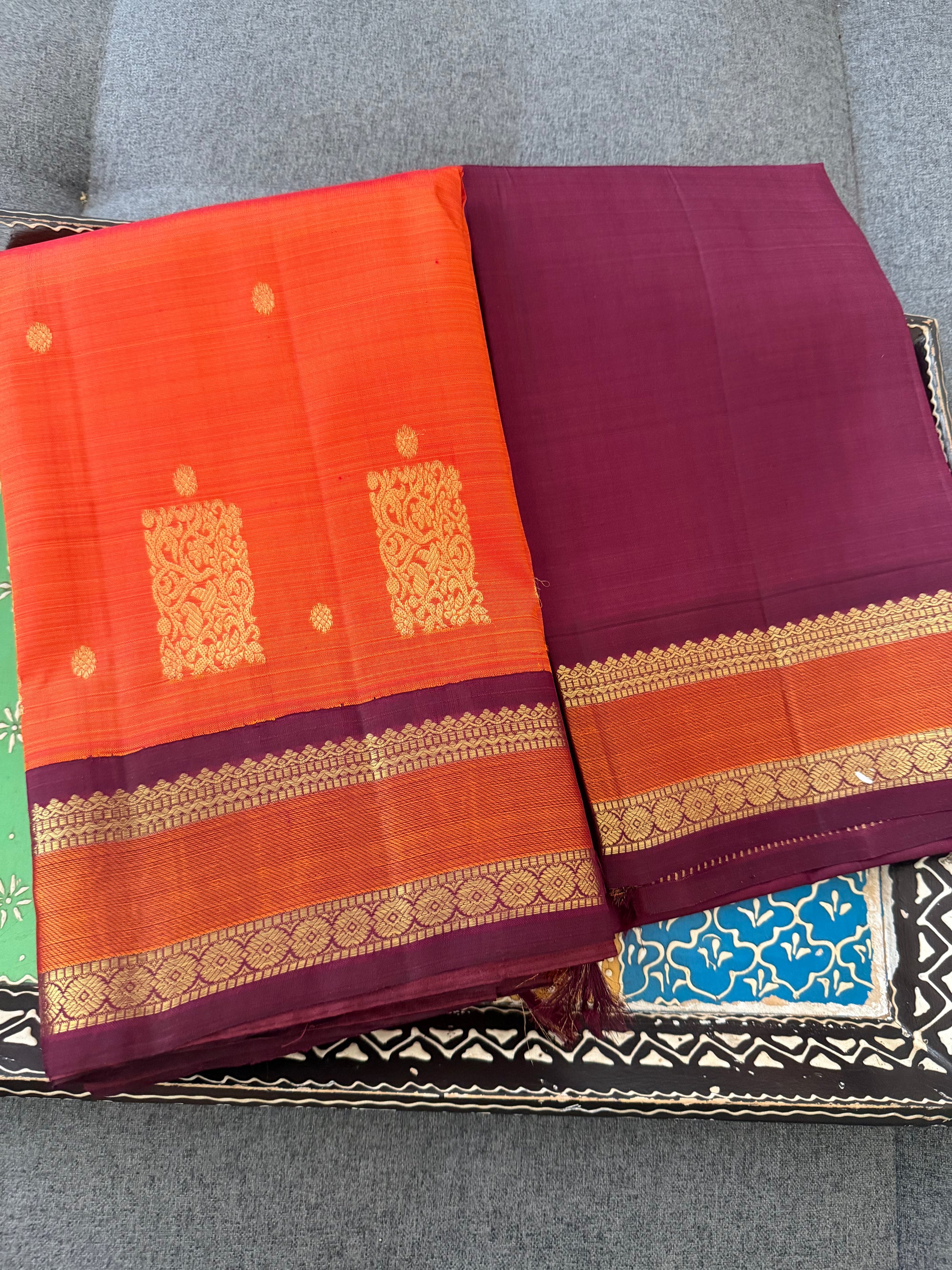 MYTHILI:   Korvai Kanjivaram Silk (Burnt Rust Orange &amp; Maroon Brown)