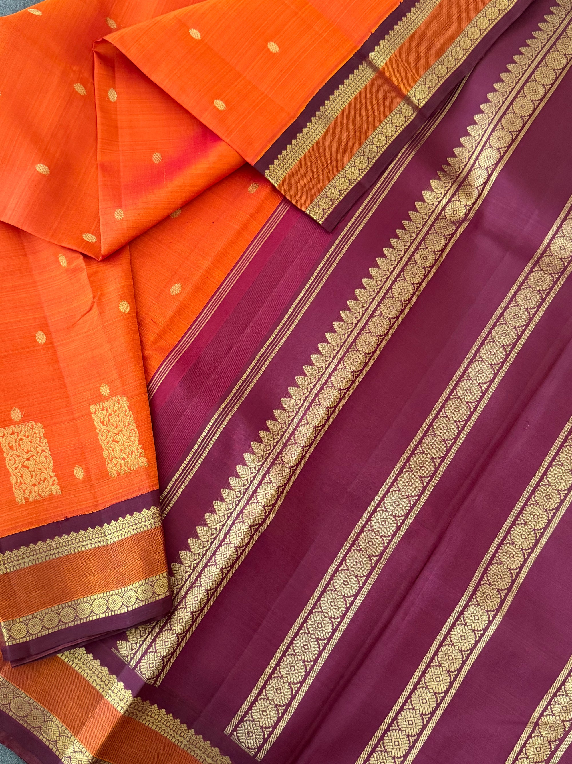 MYTHILI:   Korvai Kanjivaram Silk (Burnt Rust Orange &amp; Maroon Brown)