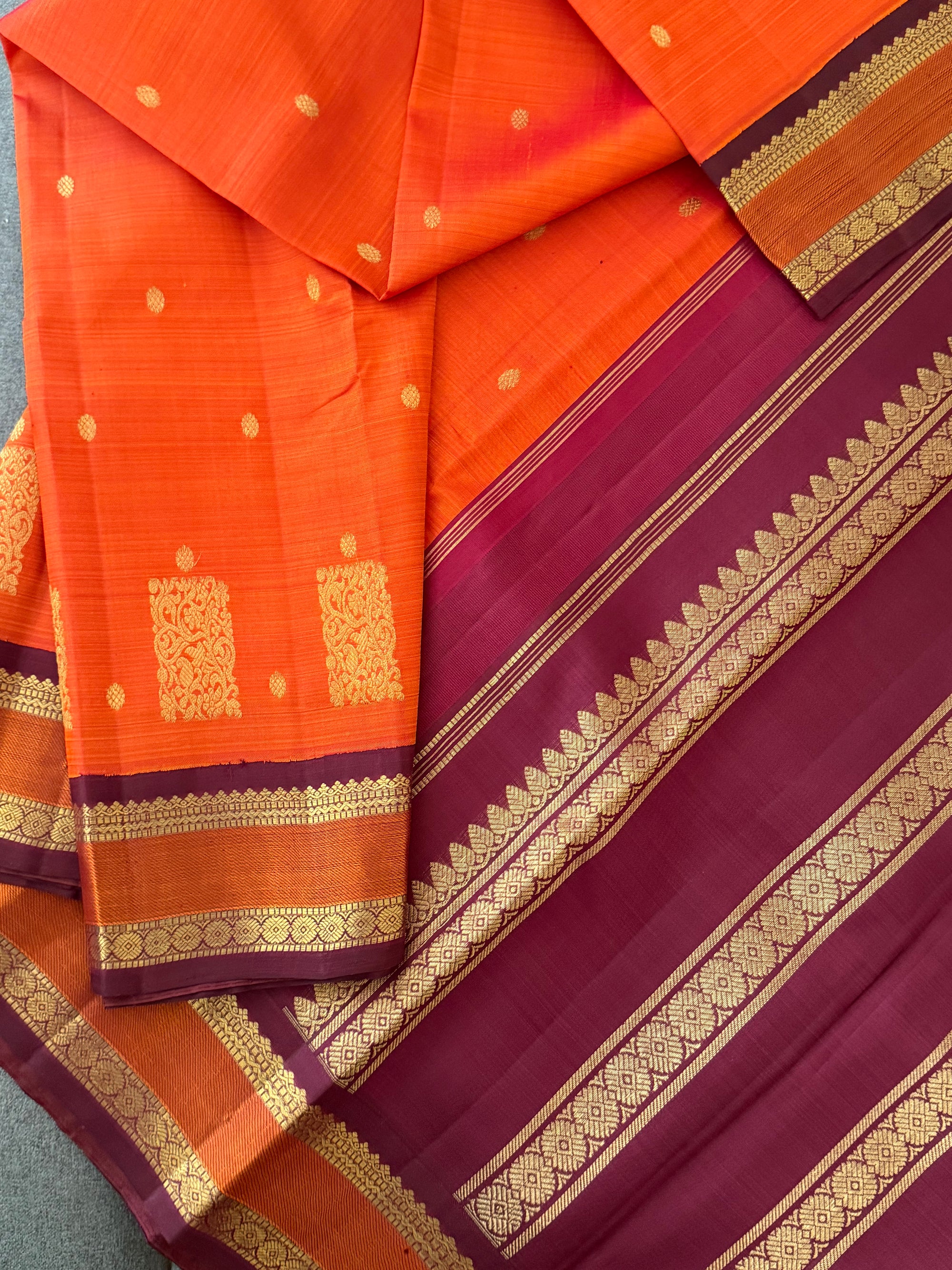 MYTHILI:   Korvai Kanjivaram Silk (Burnt Rust Orange &amp; Maroon Brown)