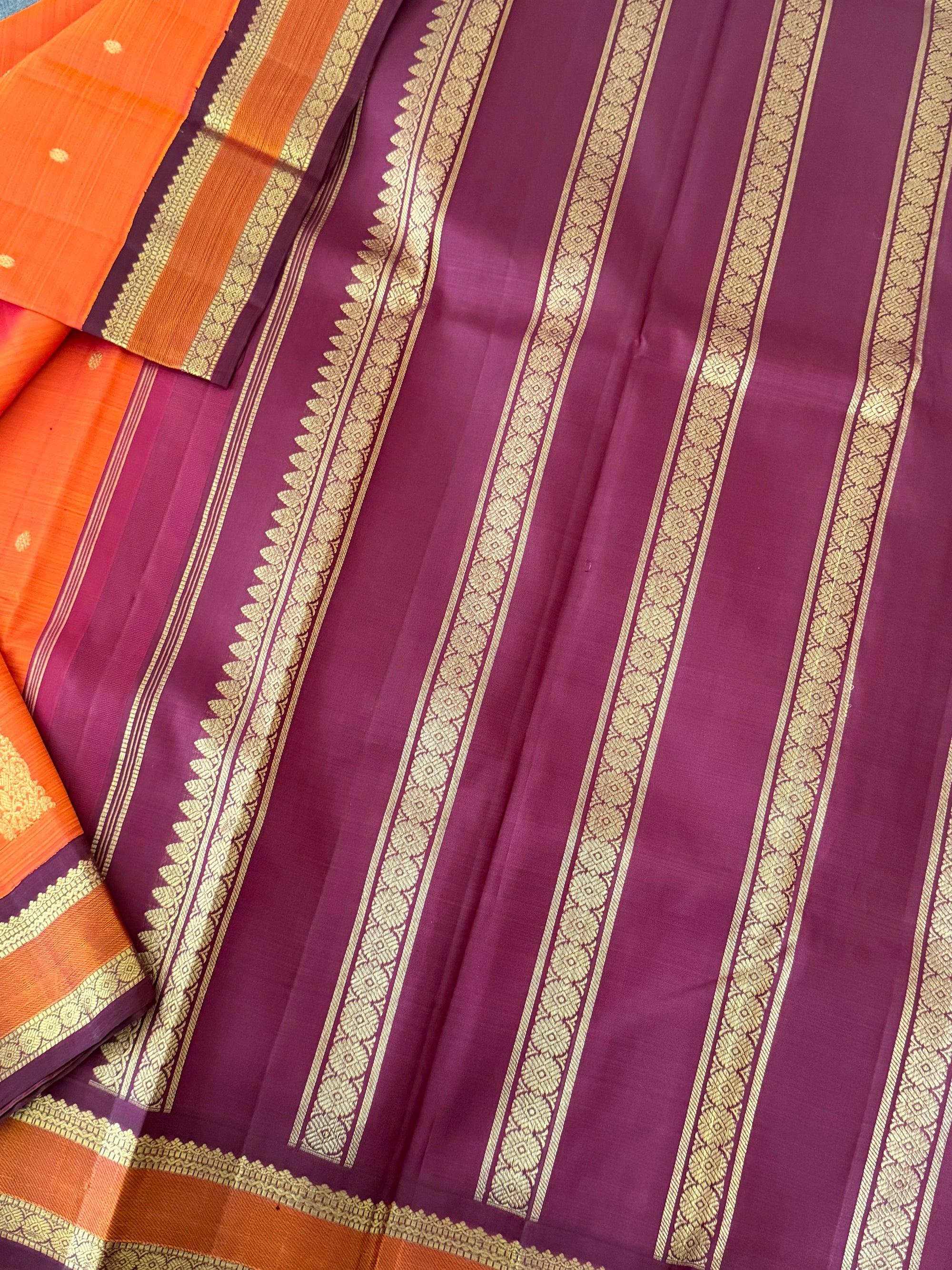 MYTHILI:   Korvai Kanjivaram Silk (Burnt Rust Orange &amp; Maroon Brown)