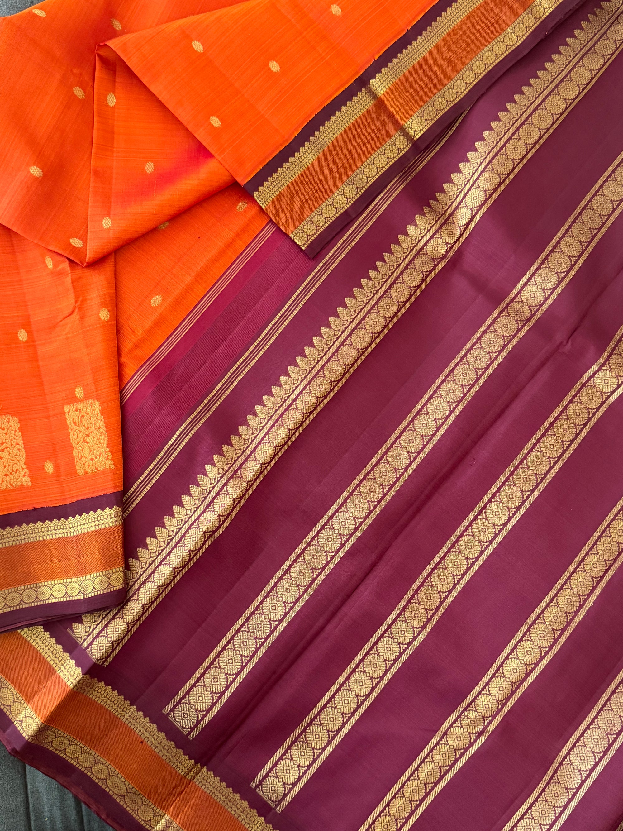 MYTHILI:   Korvai Kanjivaram Silk (Burnt Rust Orange &amp; Maroon Brown)