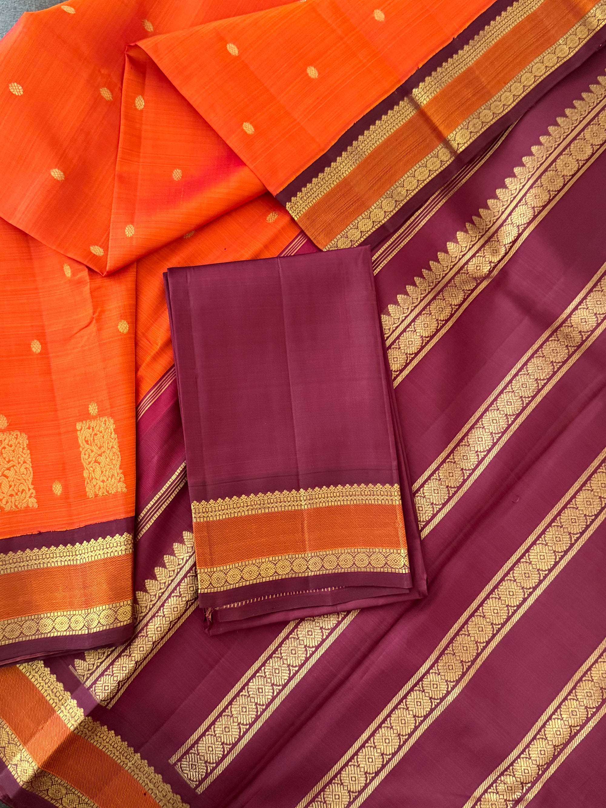 MYTHILI:   Korvai Kanjivaram Silk (Burnt Rust Orange &amp; Maroon Brown)