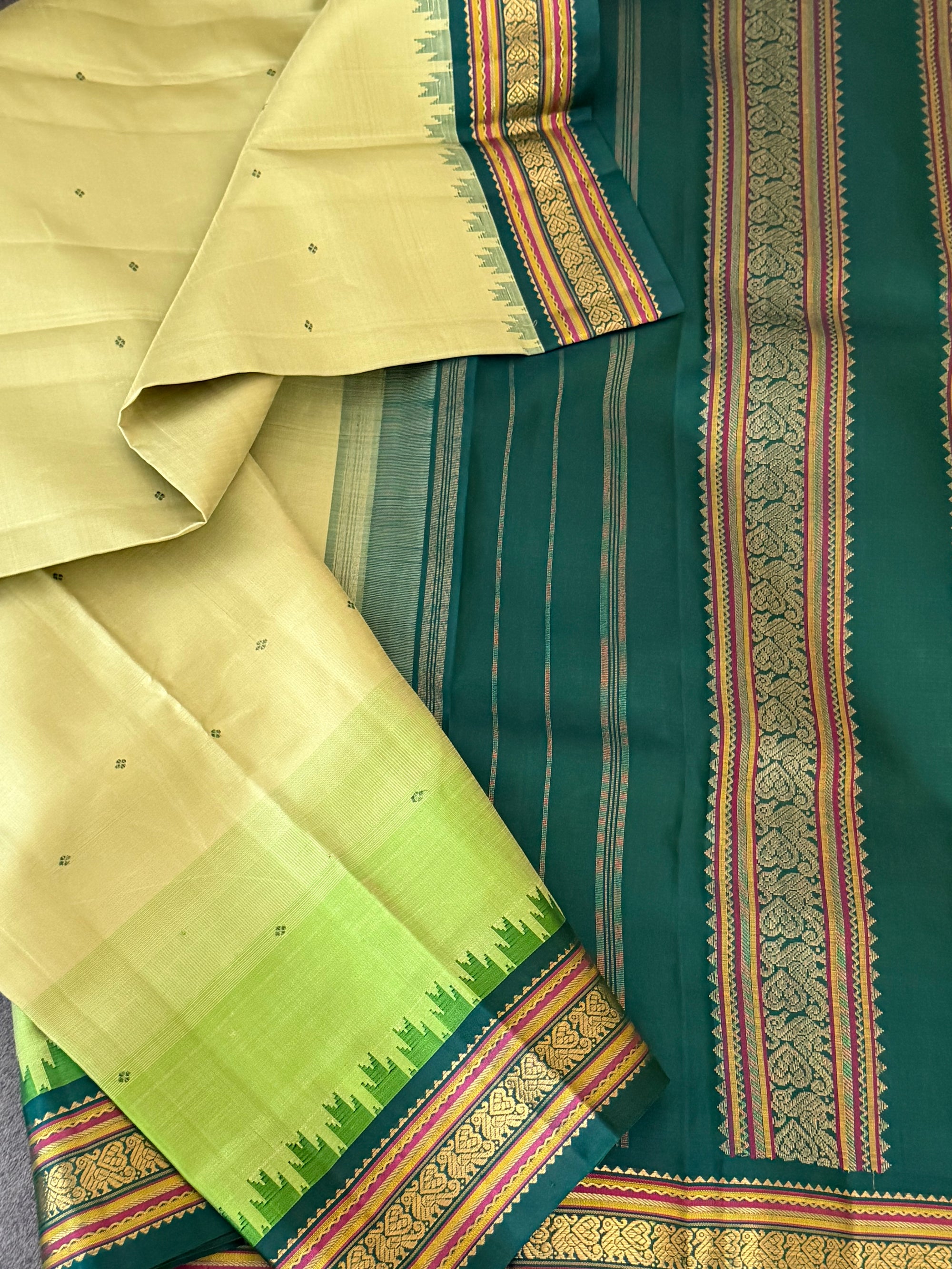 MAATHEY: Korvai Kanjivaram Silk (Green on Green with ombre)