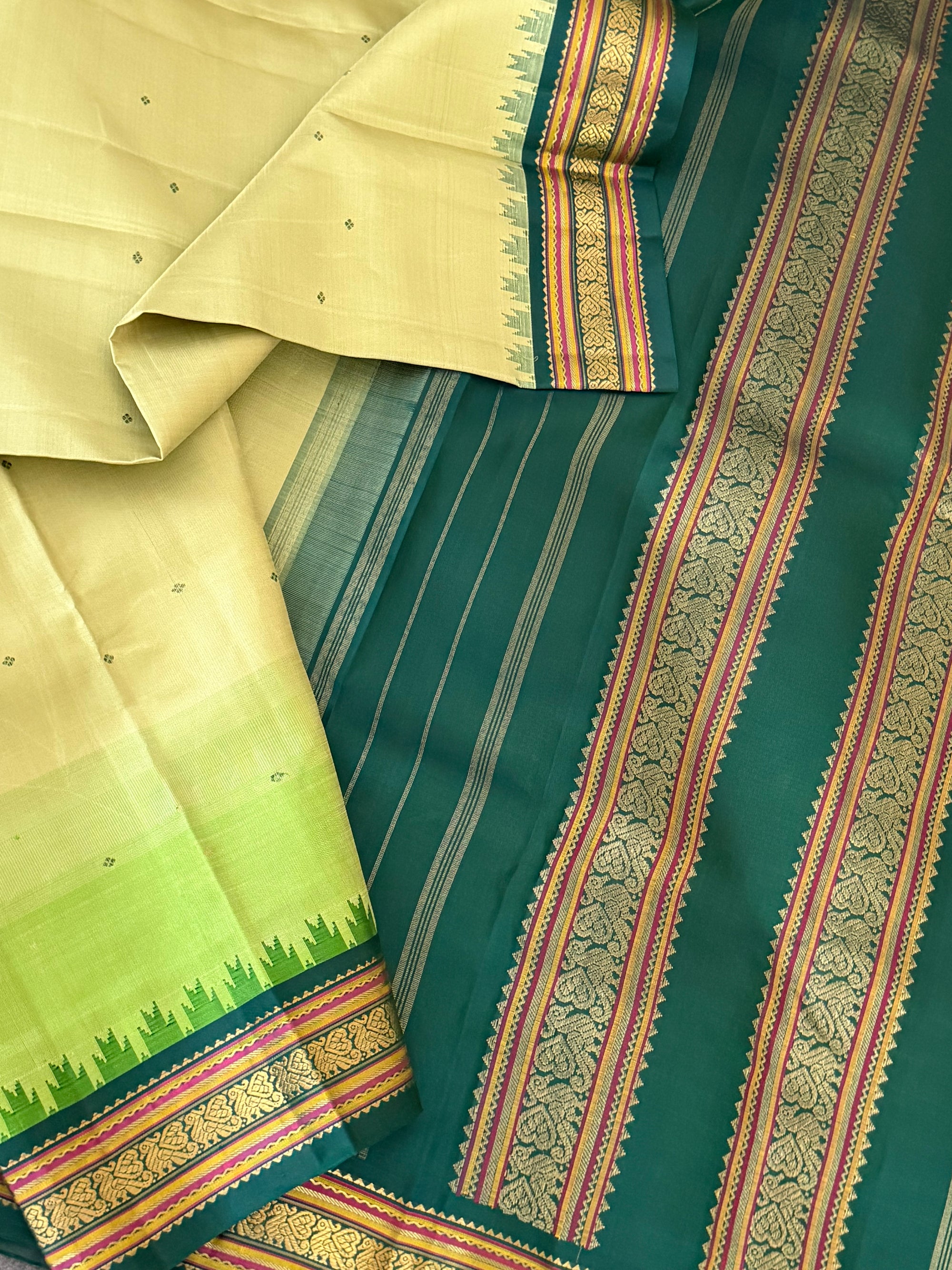 MAATHEY: Korvai Kanjivaram Silk (Green on Green with ombre)