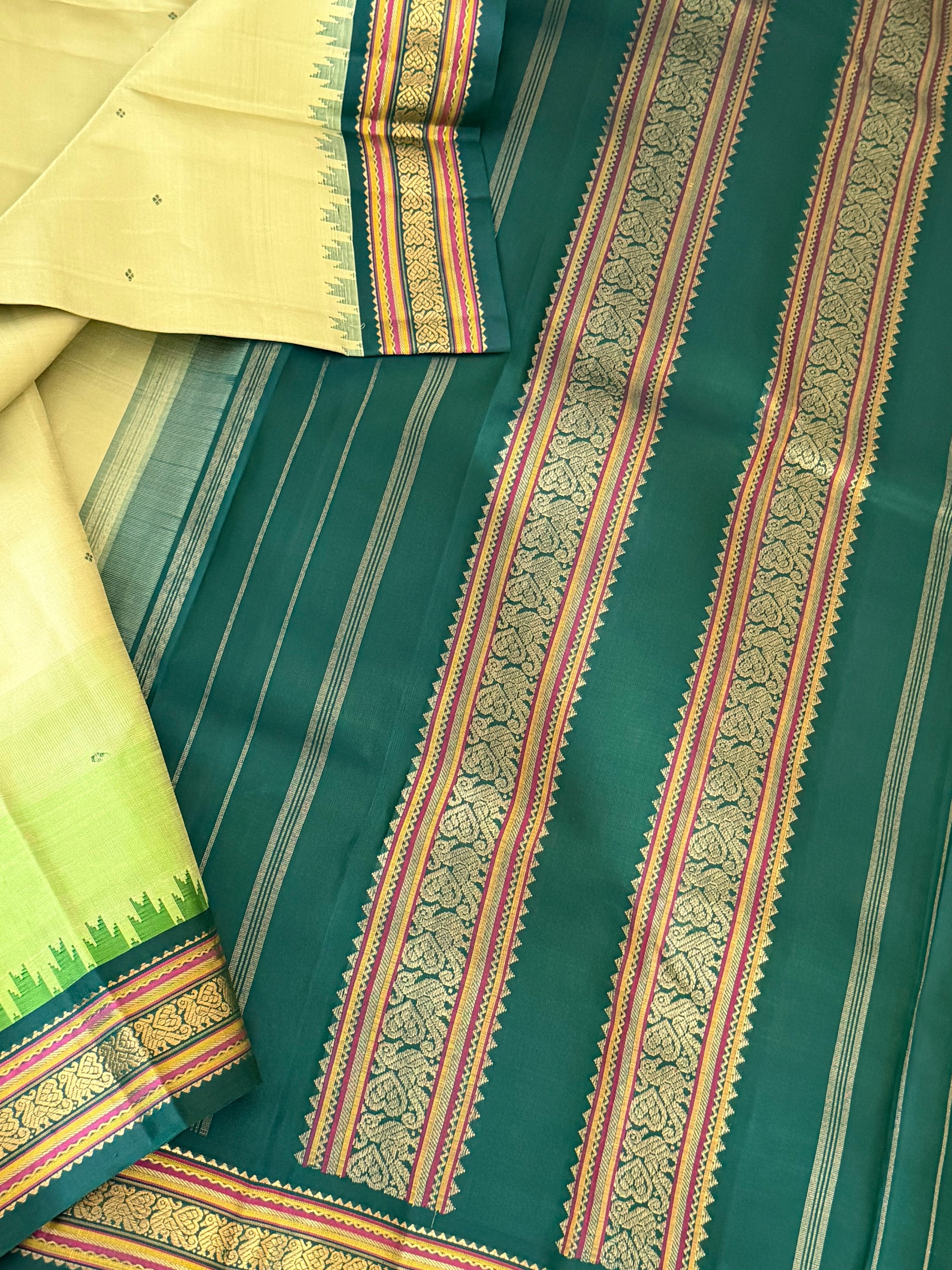 MAATHEY: Korvai Kanjivaram Silk (Green on Green with ombre)