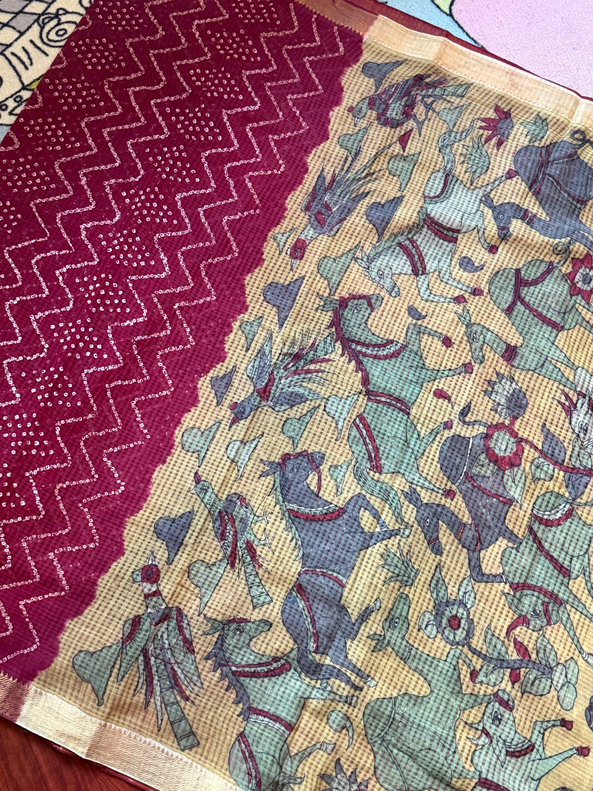 Bandhani + Kalamkari on Mangalagiri Cotton