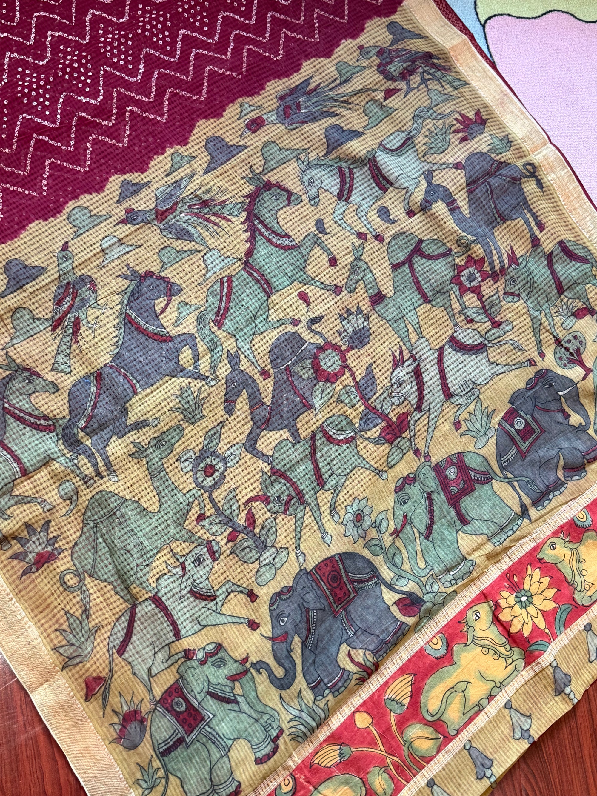 Bandhani + Kalamkari on Mangalagiri Cotton