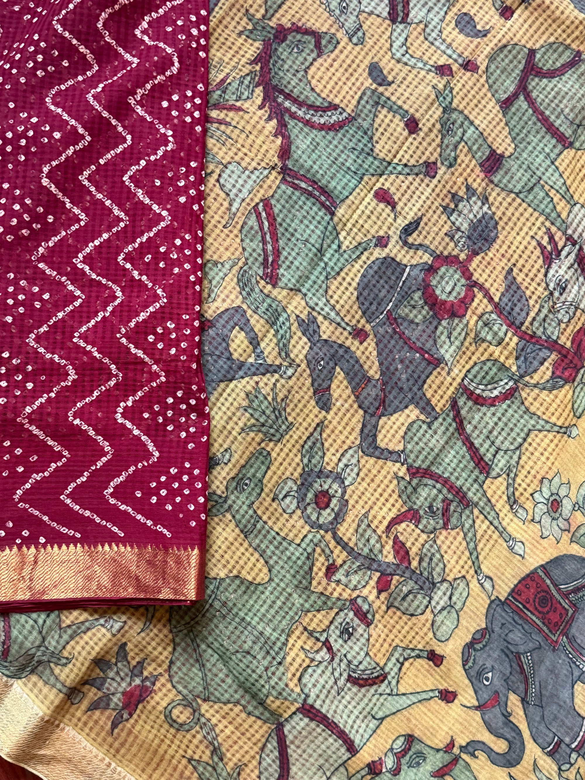 Bandhani + Kalamkari on Mangalagiri Cotton