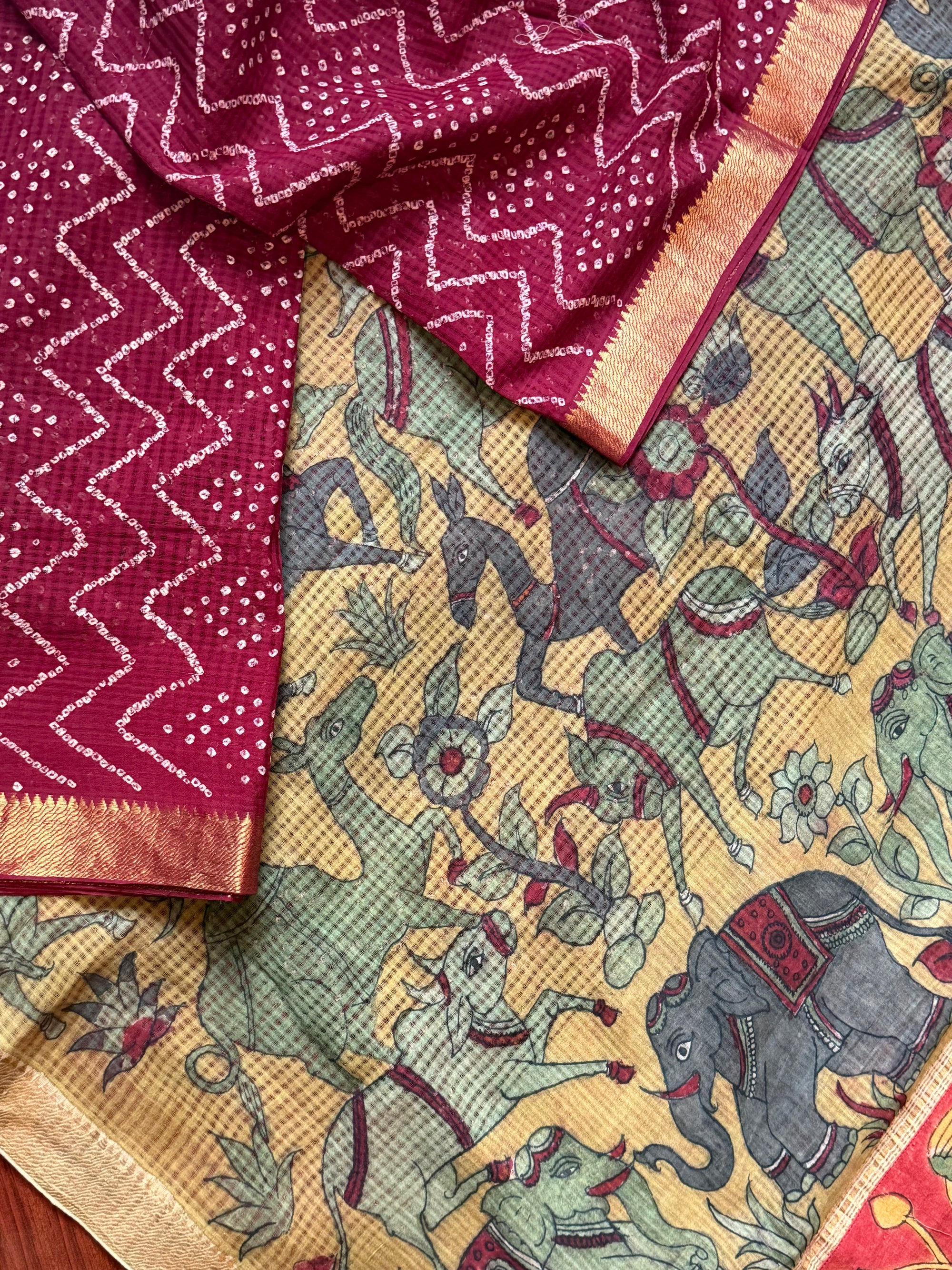 Bandhani + Kalamkari on Mangalagiri Cotton