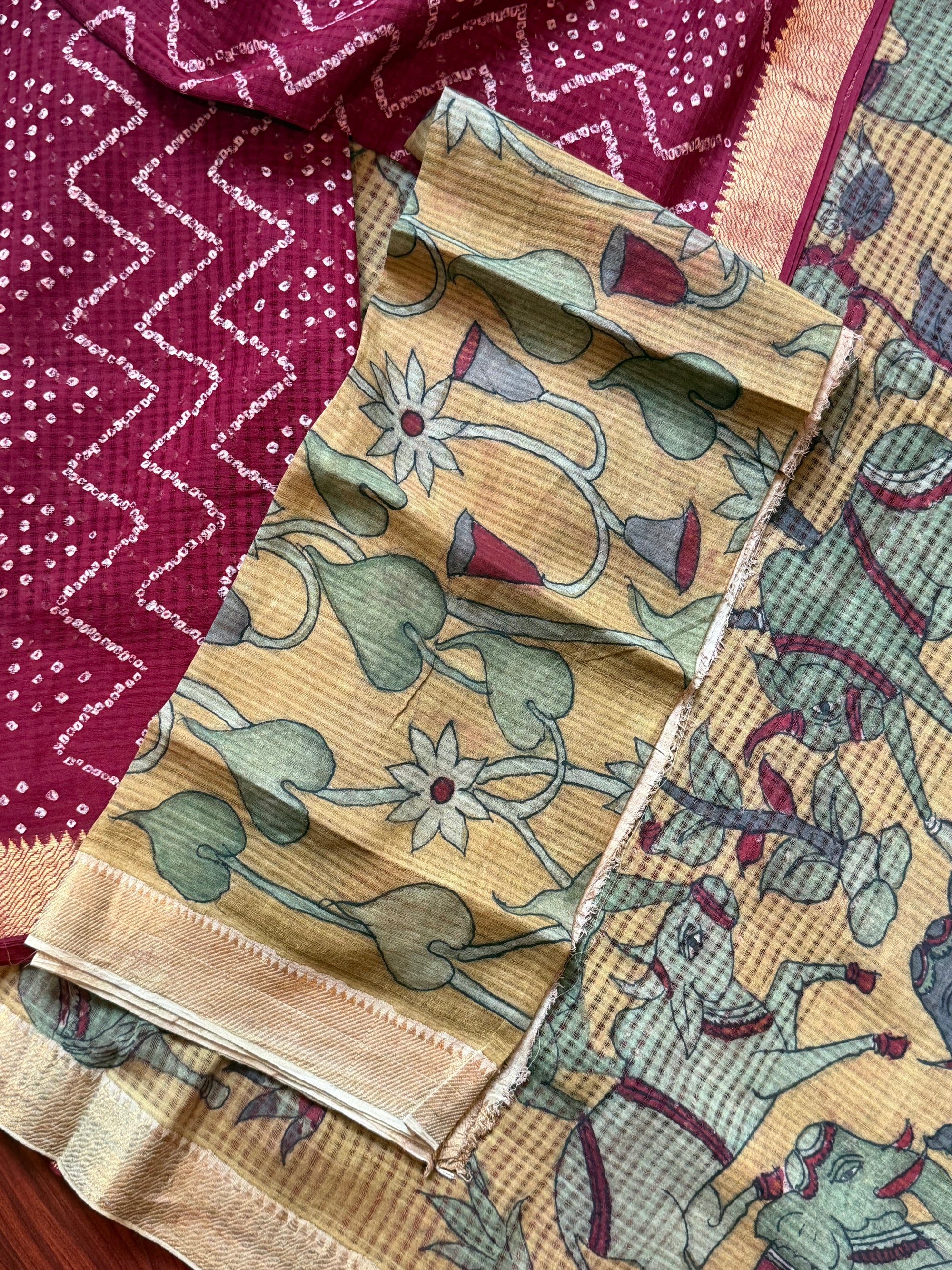 Bandhani + Kalamkari on Mangalagiri Cotton