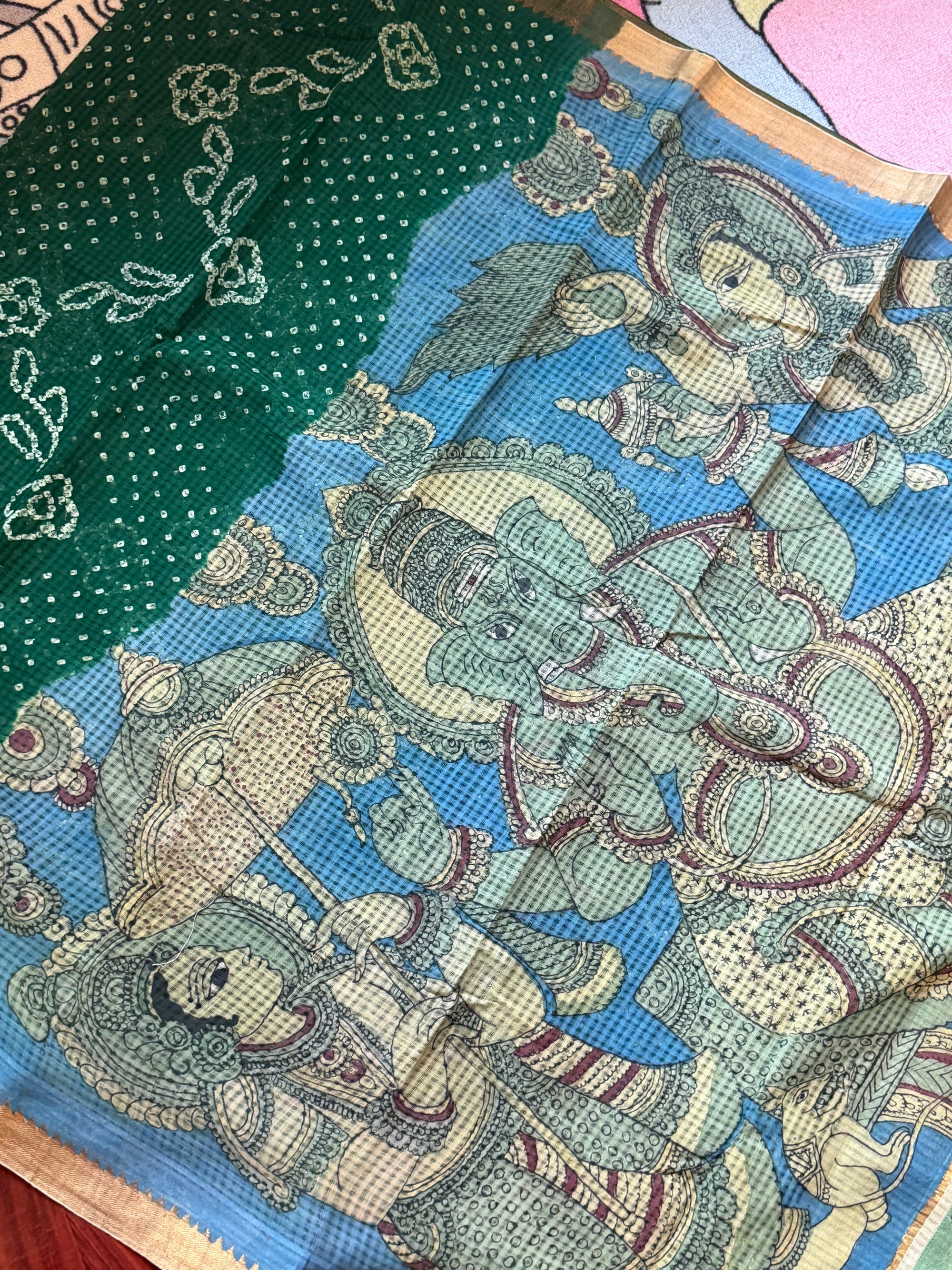 Bandhani + Kalamkari on Mangalagiri Cotton