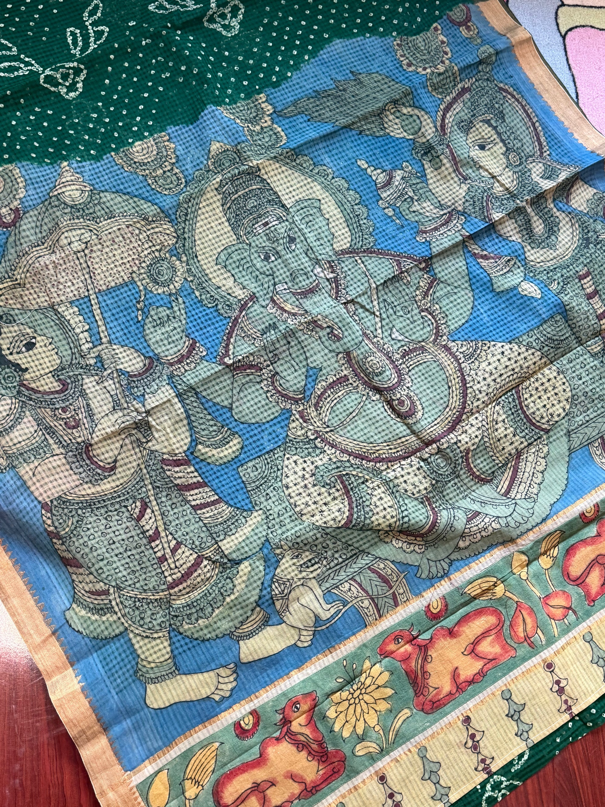Bandhani + Kalamkari on Mangalagiri Cotton