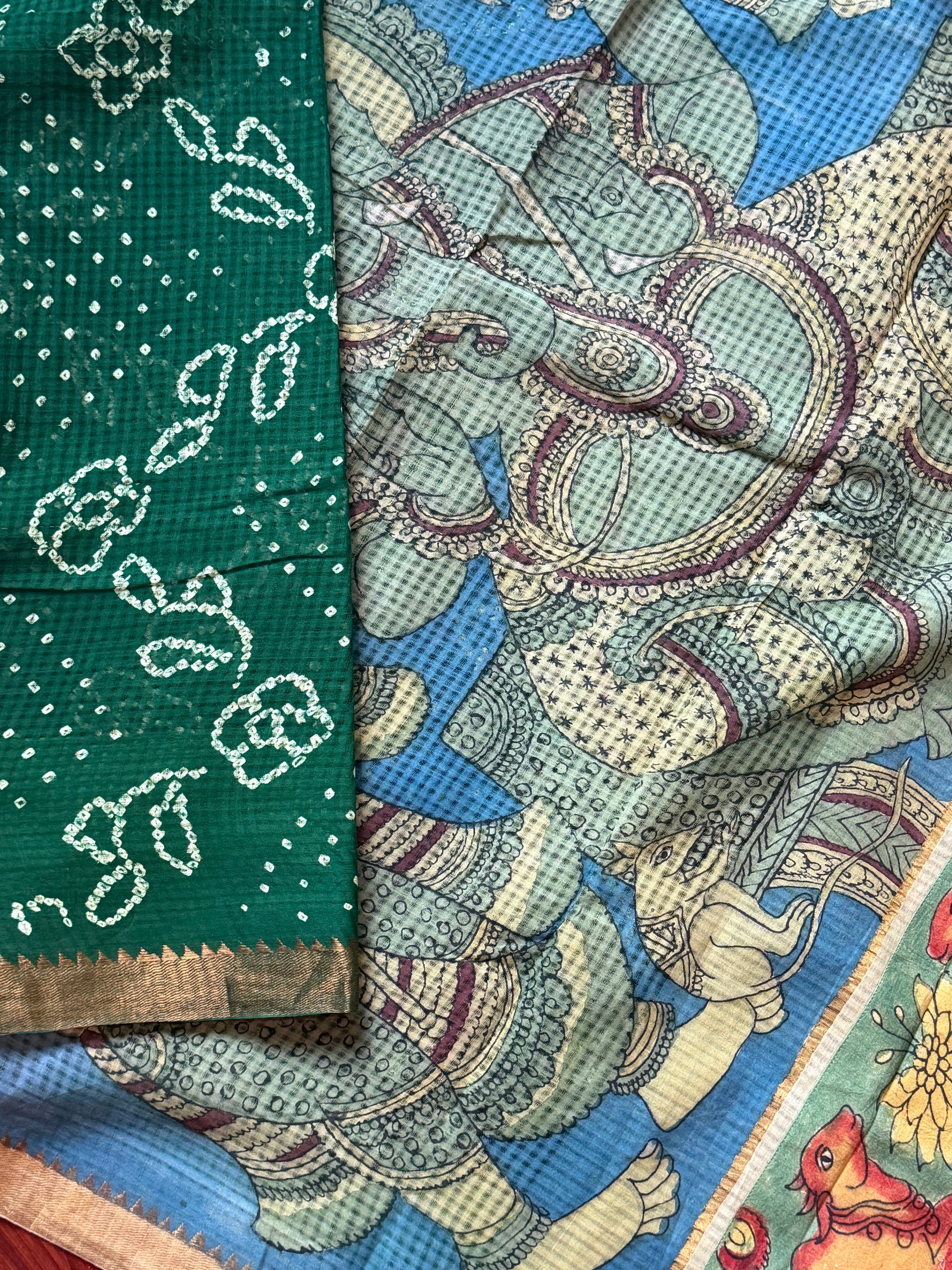 Bandhani + Kalamkari on Mangalagiri Cotton