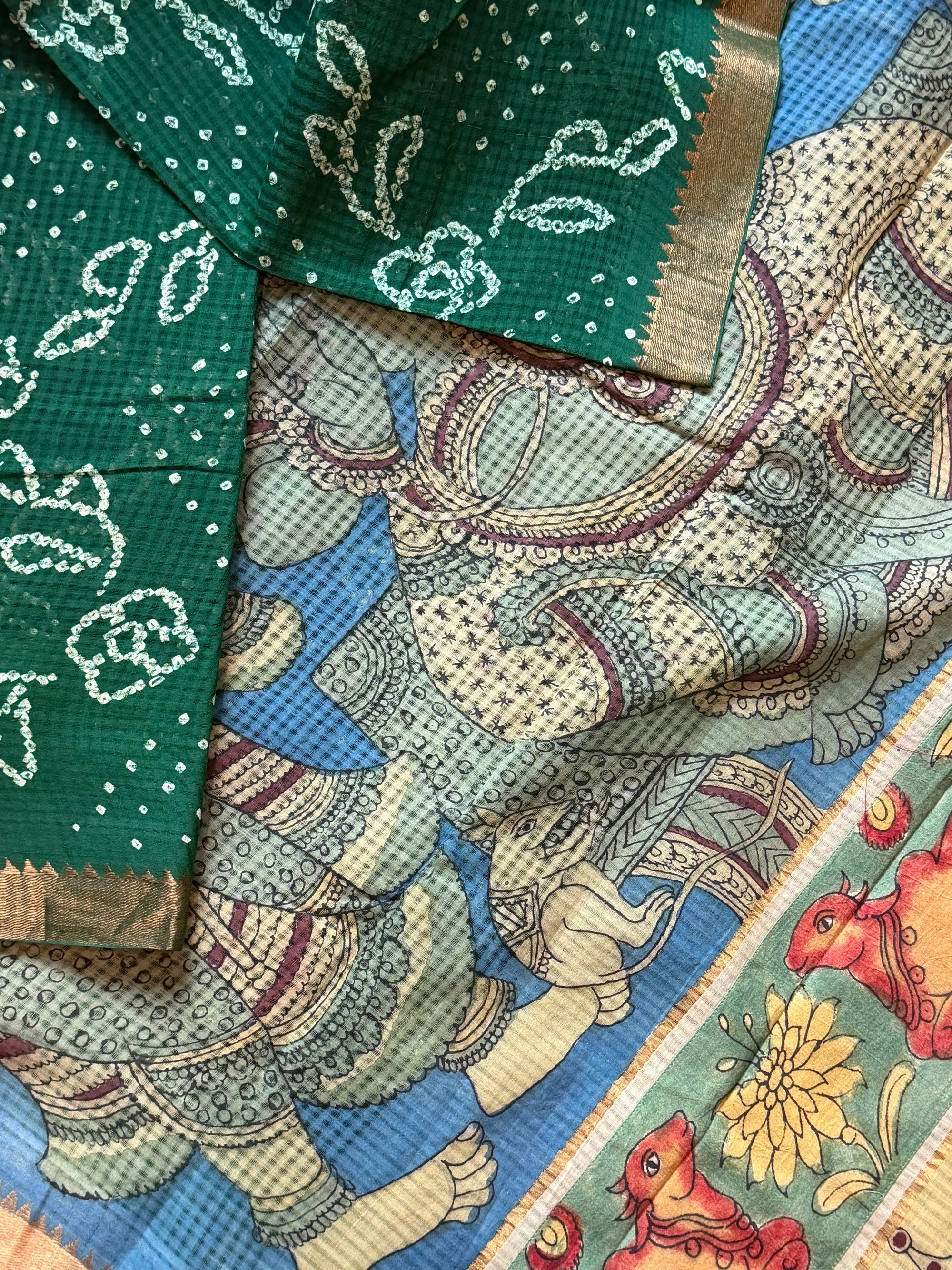 Bandhani + Kalamkari on Mangalagiri Cotton