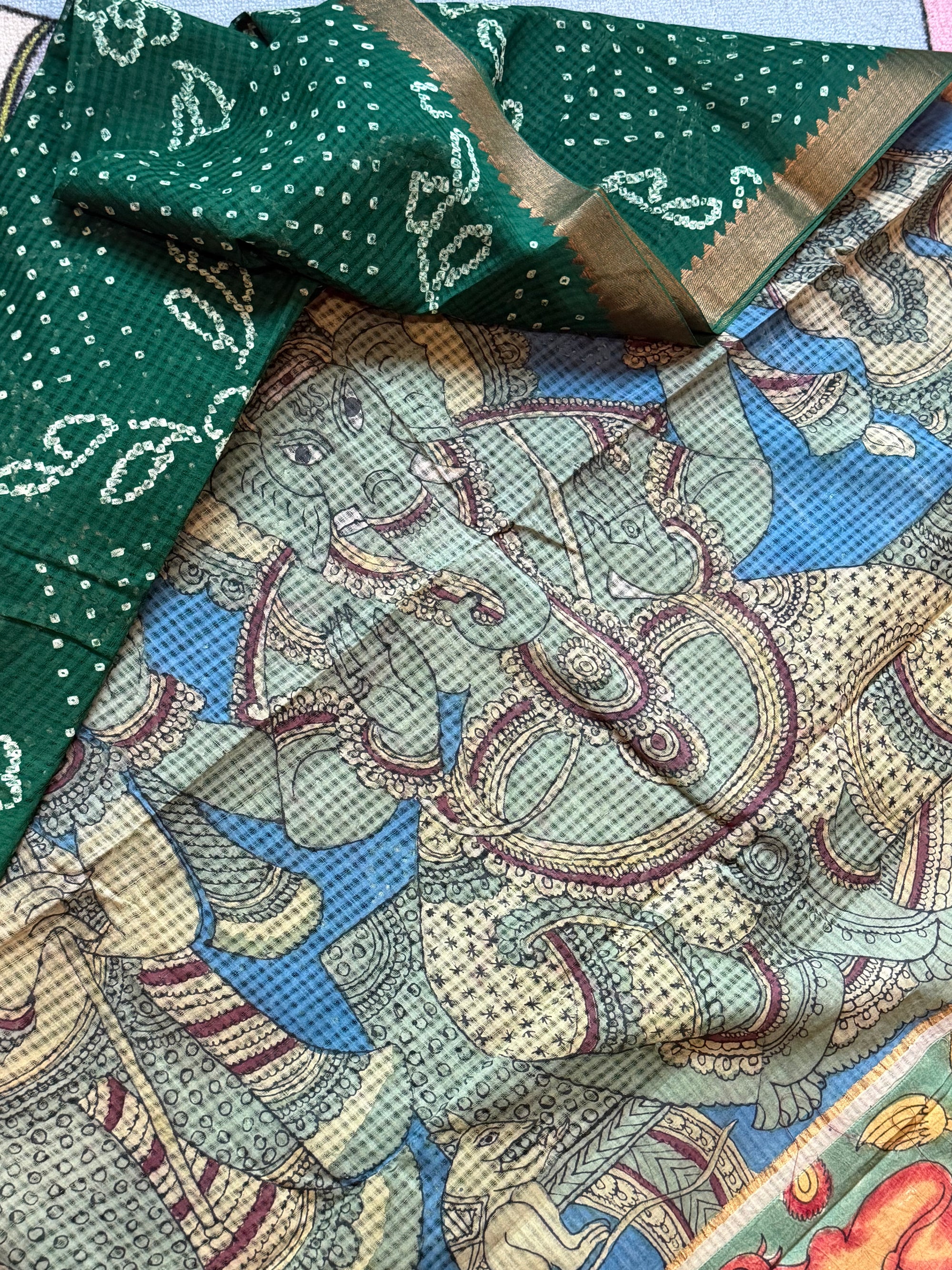 Bandhani + Kalamkari on Mangalagiri Cotton
