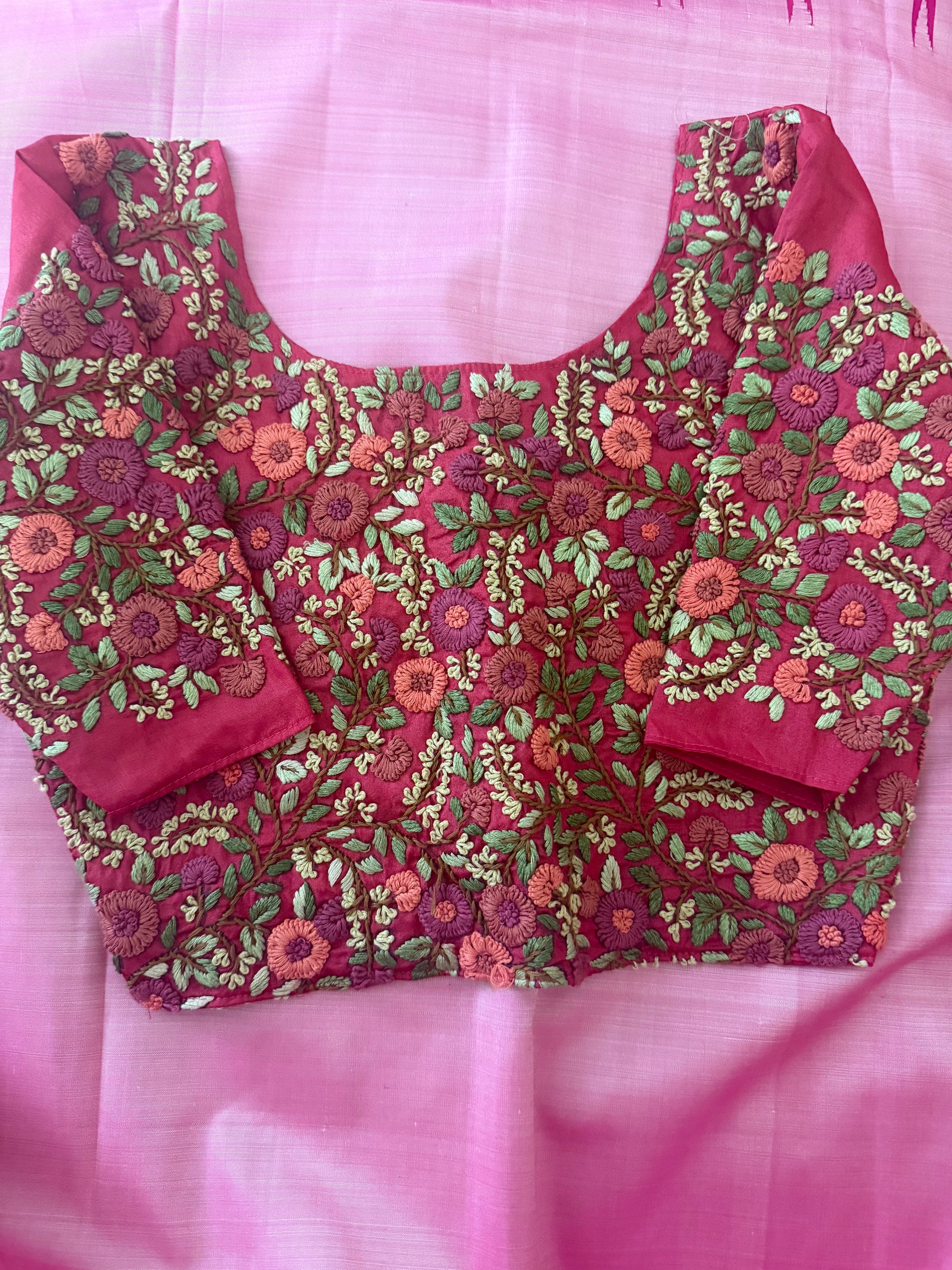 Handcrafted Ready to Wear Blouse : French Knot Embroidery (Tomato Pink)