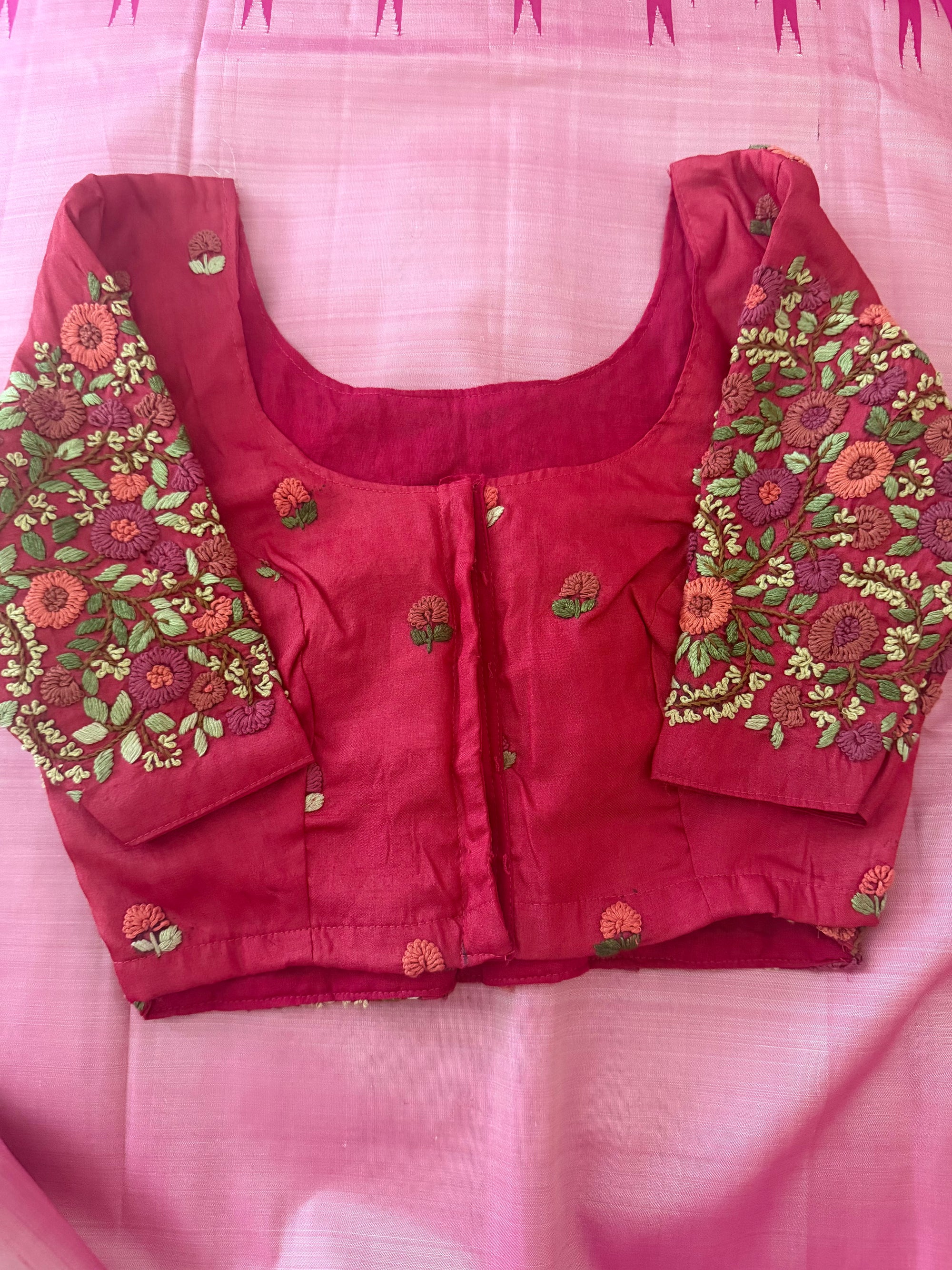 Handcrafted Ready to Wear Blouse : French Knot Embroidery (Tomato Pink)