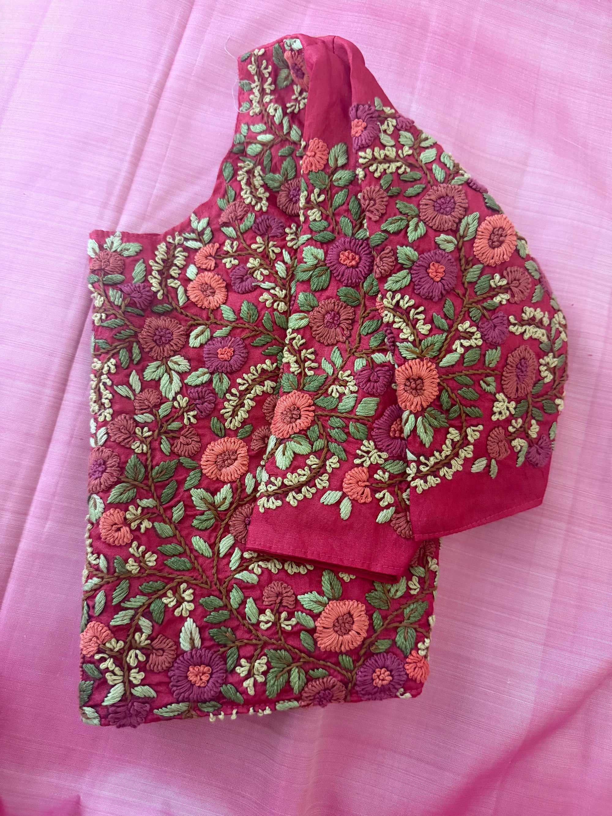 Handcrafted Ready to Wear Blouse : French Knot Embroidery (Tomato Pink)