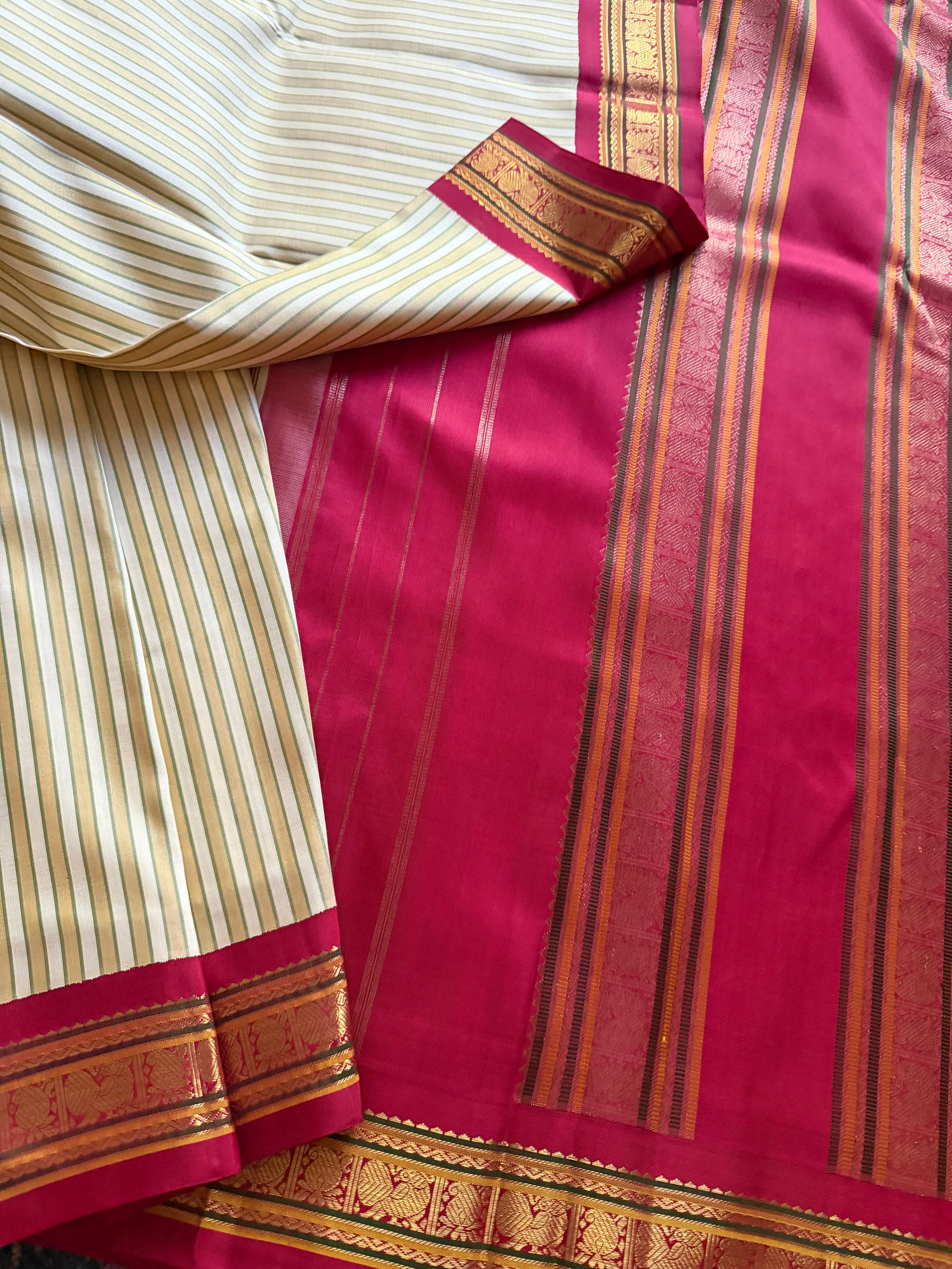 MYTHILI:  Ivory with Khaki stripes + Ruby Red