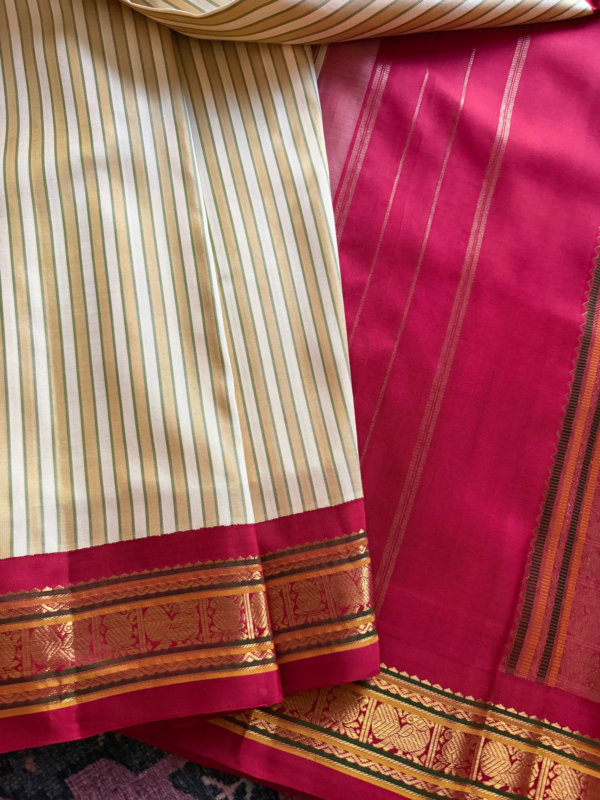 MYTHILI:  Ivory with Khaki stripes + Ruby Red
