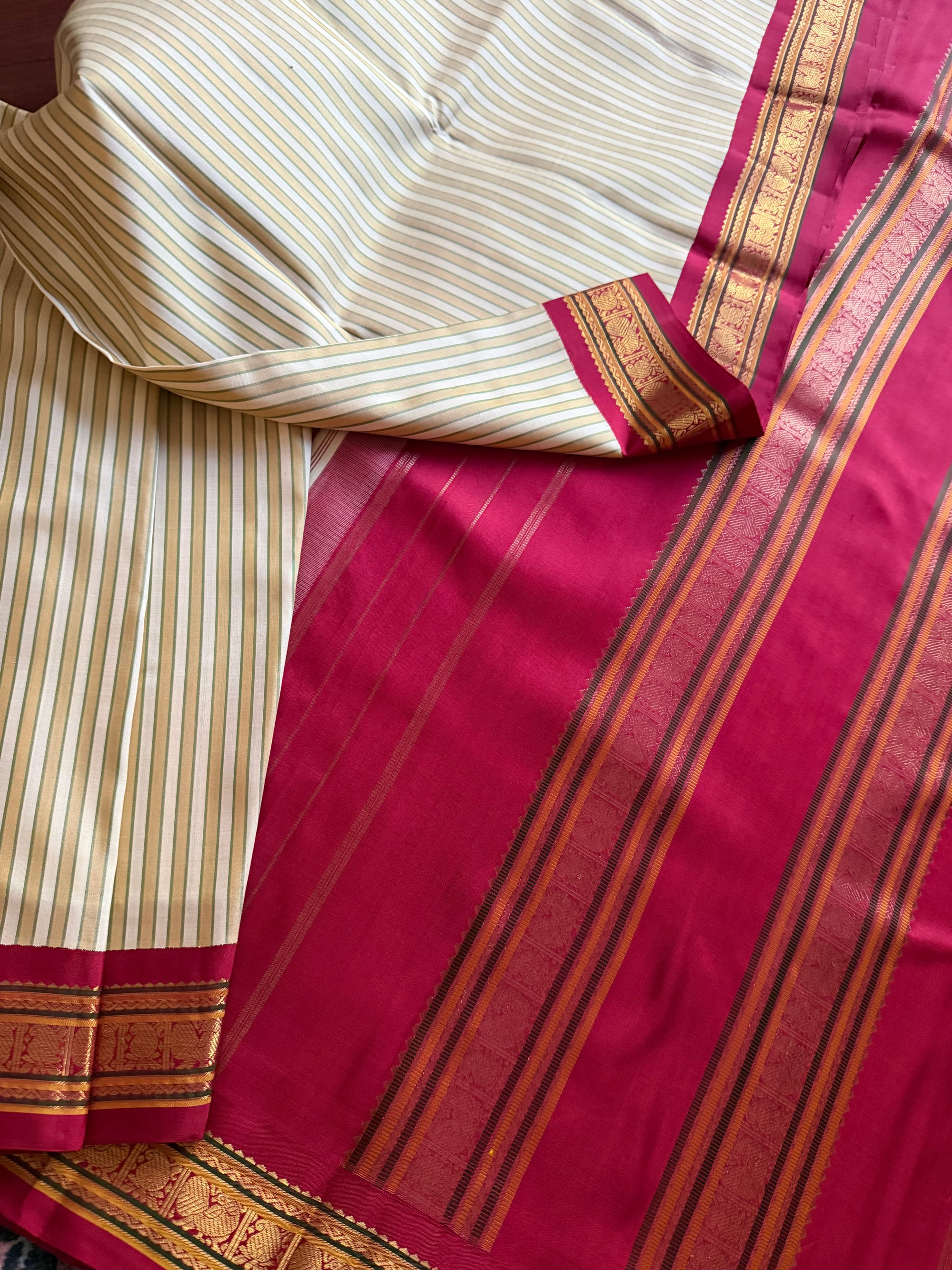 MYTHILI:  Ivory with Khaki stripes + Ruby Red