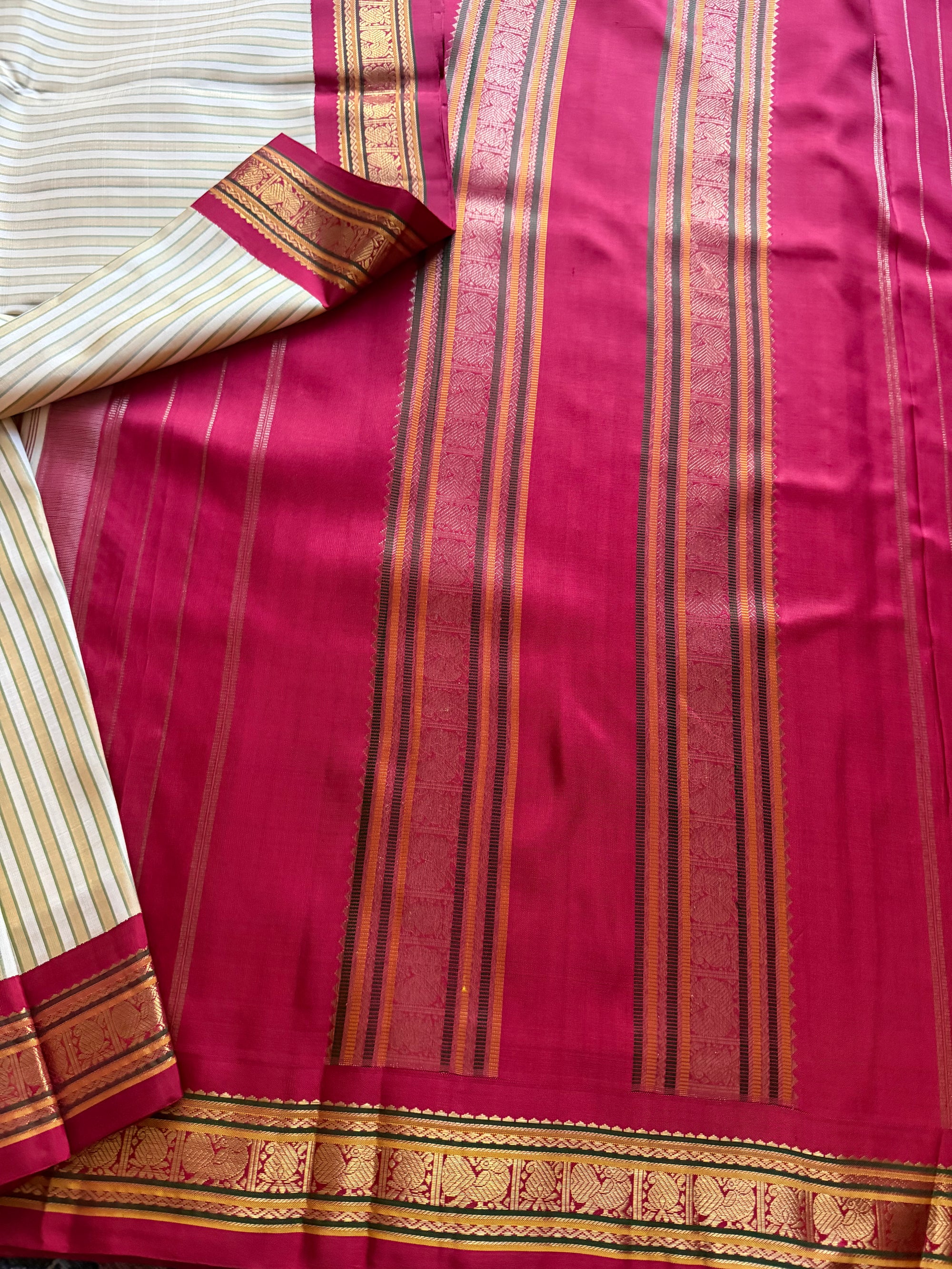MYTHILI:  Ivory with Khaki stripes + Ruby Red