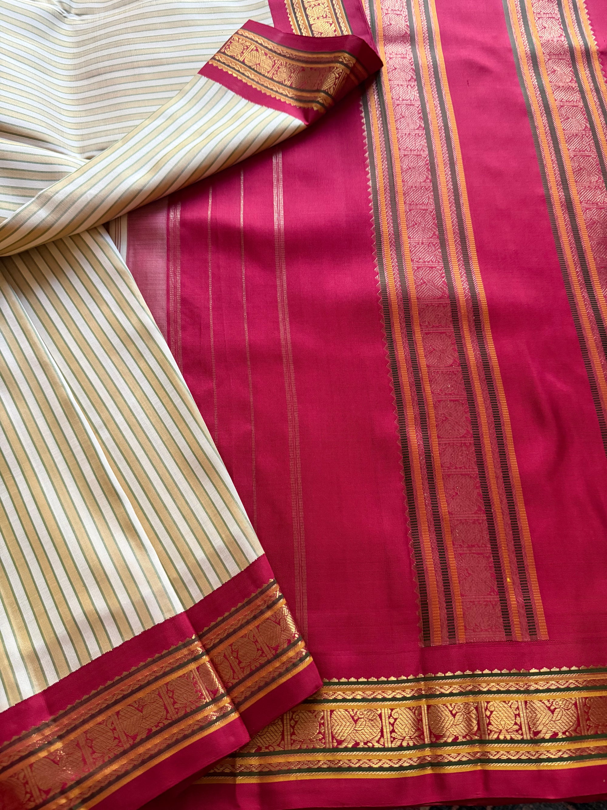 MYTHILI:  Ivory with Khaki stripes + Ruby Red