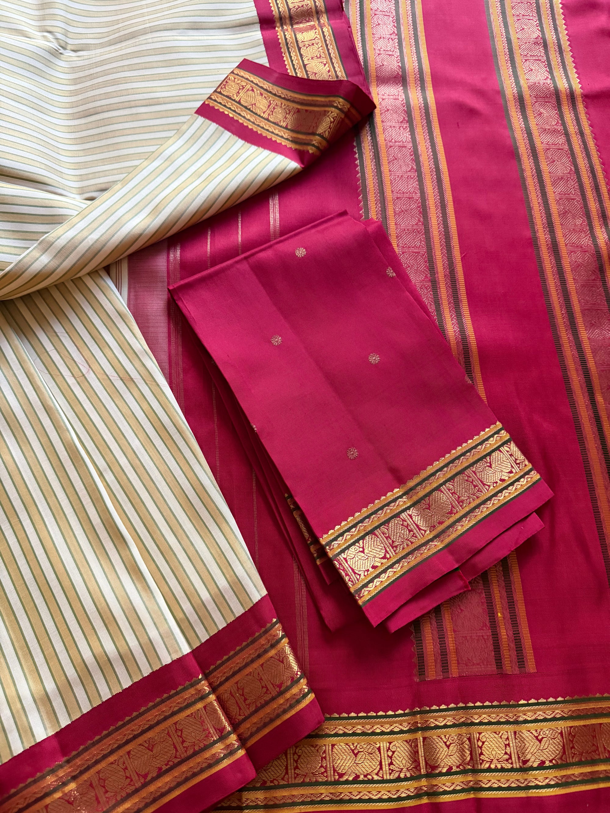 MYTHILI:  Ivory with Khaki stripes + Ruby Red